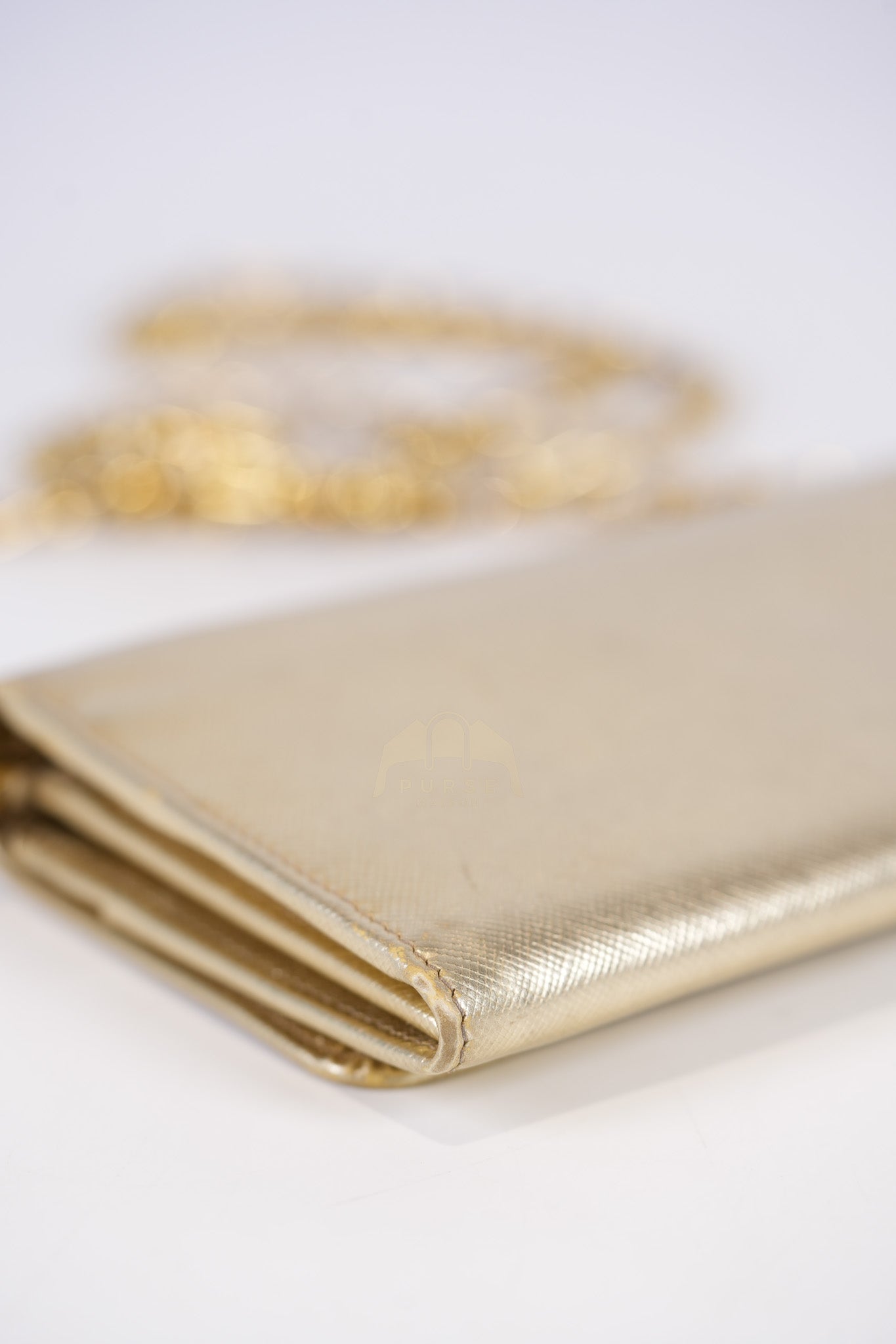 Wallet on Chain in Gold Saffiano Metal Leather & Gold Hardware | Purse Maison Luxury Bags Shop