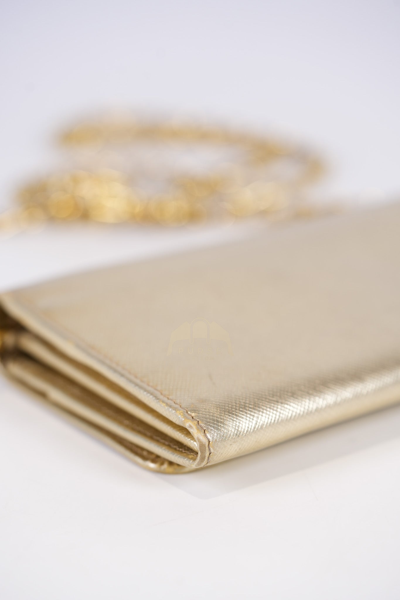 Wallet on Chain in Gold Saffiano Metal Leather & Gold Hardware | Purse Maison Luxury Bags Shop