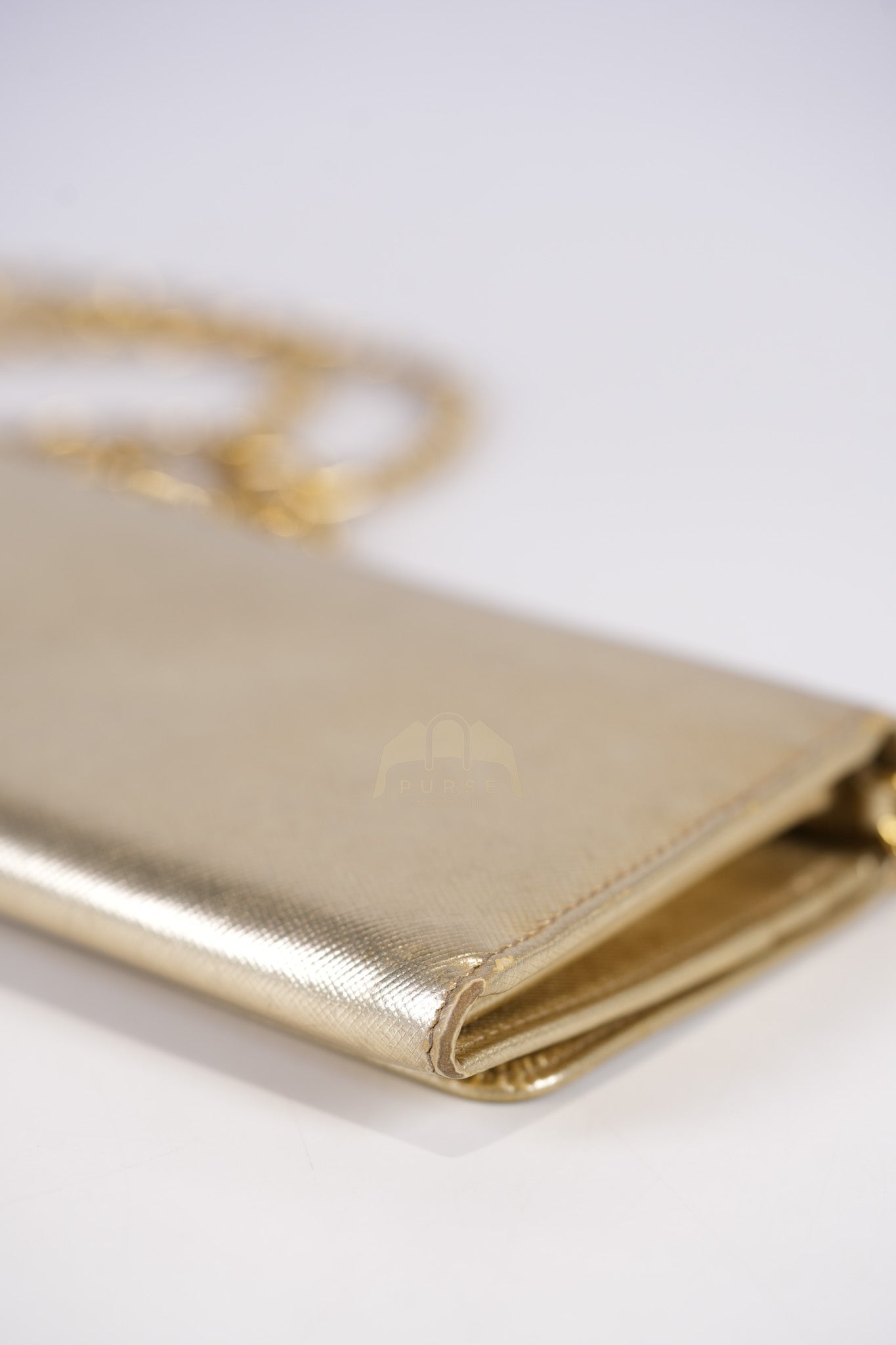 Wallet on Chain in Gold Saffiano Metal Leather & Gold Hardware | Purse Maison Luxury Bags Shop