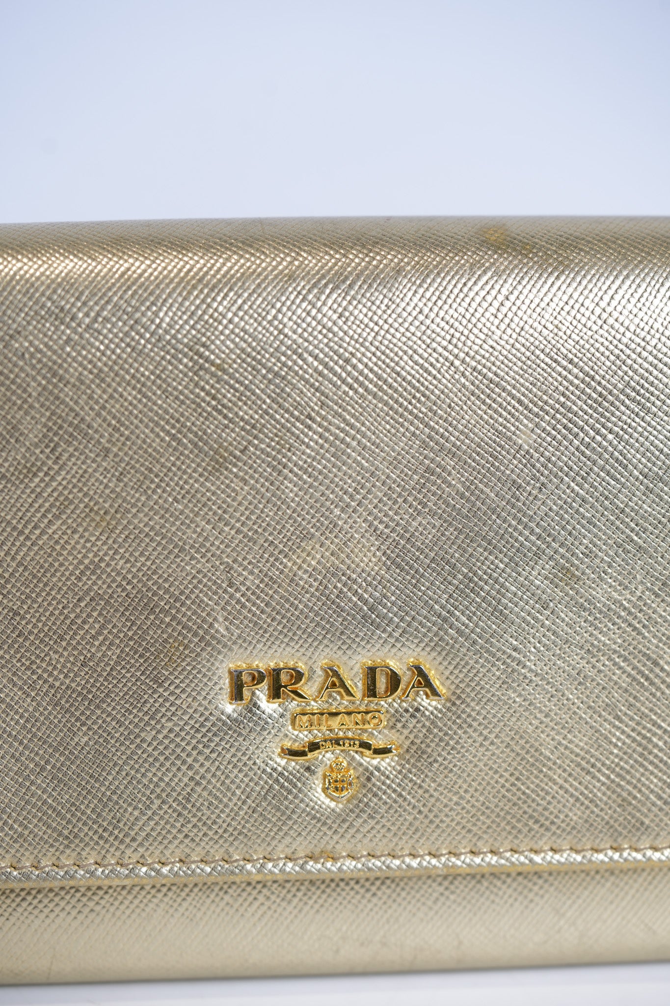 Wallet on Chain in Gold Saffiano Metal Leather & Gold Hardware | Purse Maison Luxury Bags Shop