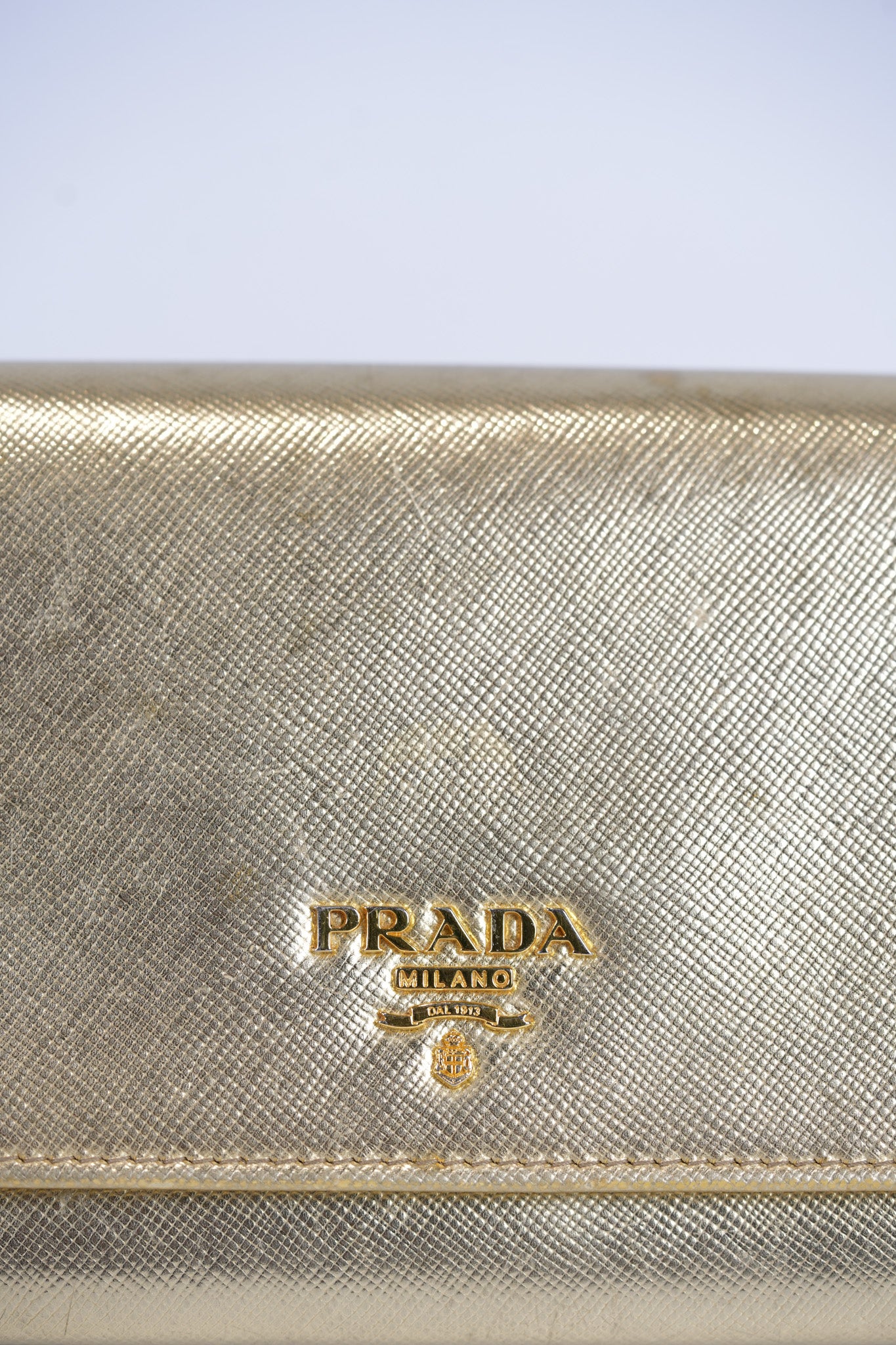 Wallet on Chain in Gold Saffiano Metal Leather & Gold Hardware | Purse Maison Luxury Bags Shop