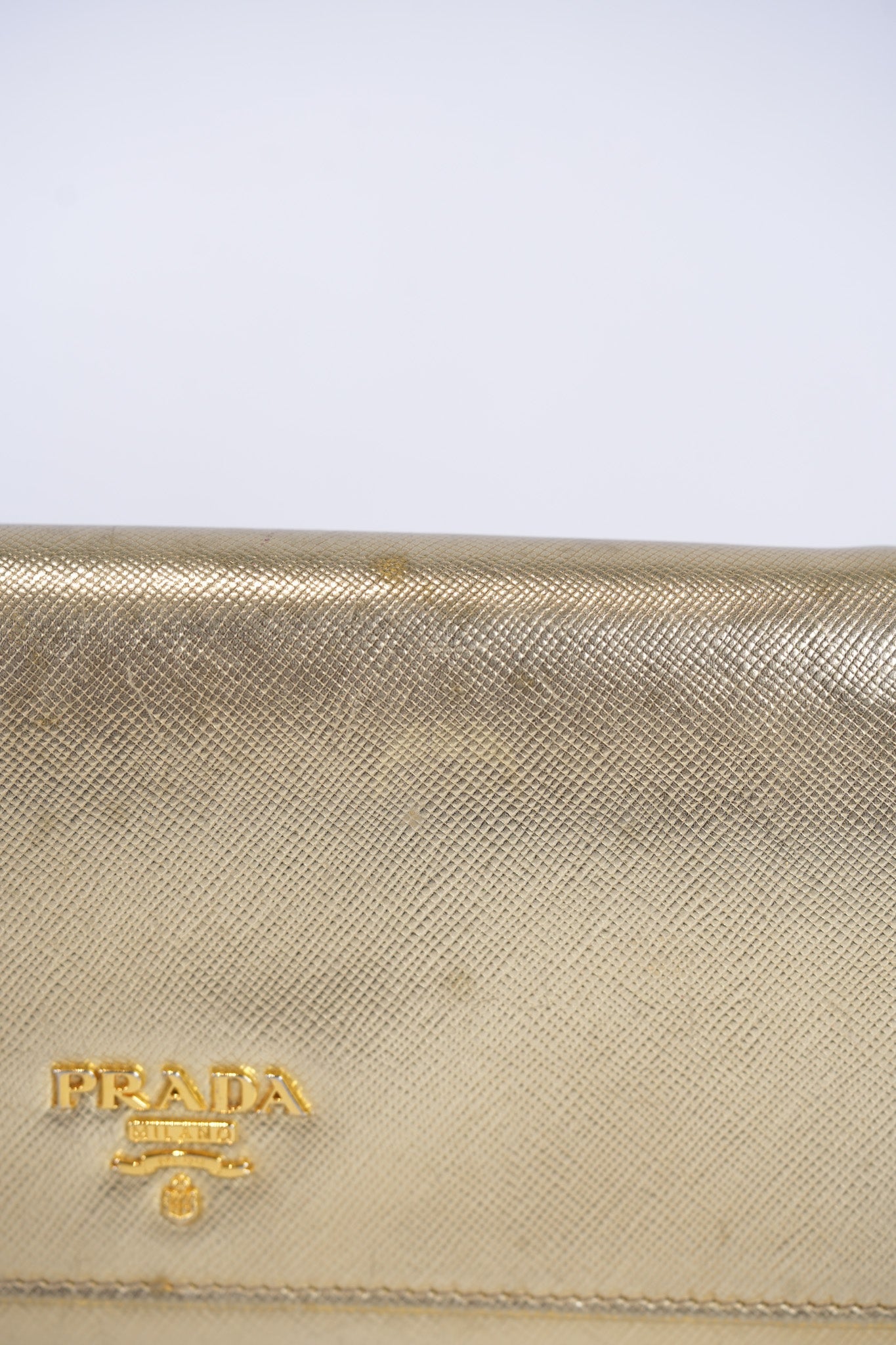 Wallet on Chain in Gold Saffiano Metal Leather & Gold Hardware | Purse Maison Luxury Bags Shop