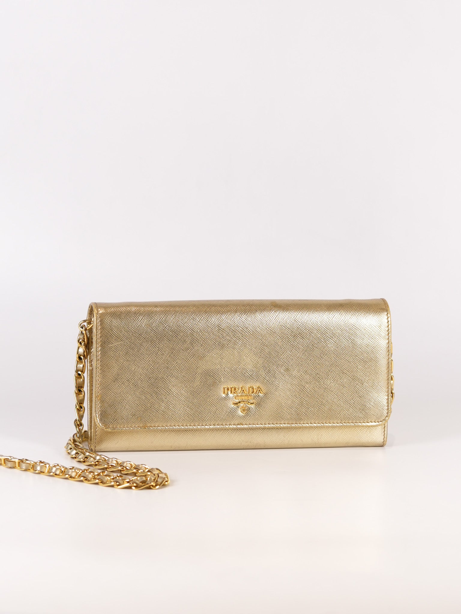 Wallet on Chain in Gold Saffiano Metal Leather & Gold Hardware | Purse Maison Luxury Bags Shop