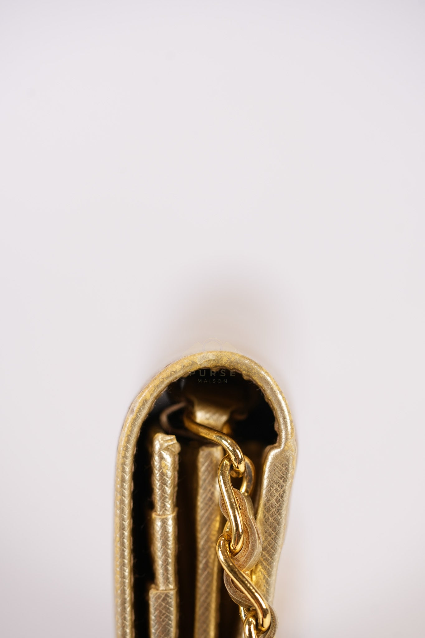 Wallet on Chain in Gold Saffiano Metal Leather & Gold Hardware | Purse Maison Luxury Bags Shop