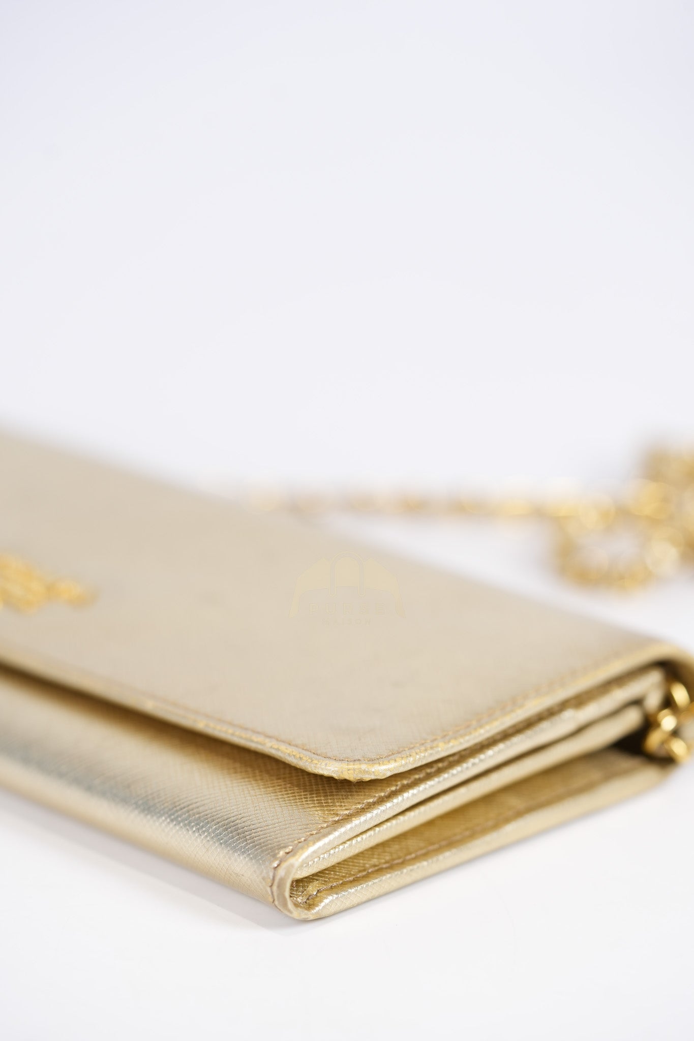 Wallet on Chain in Gold Saffiano Metal Leather & Gold Hardware | Purse Maison Luxury Bags Shop