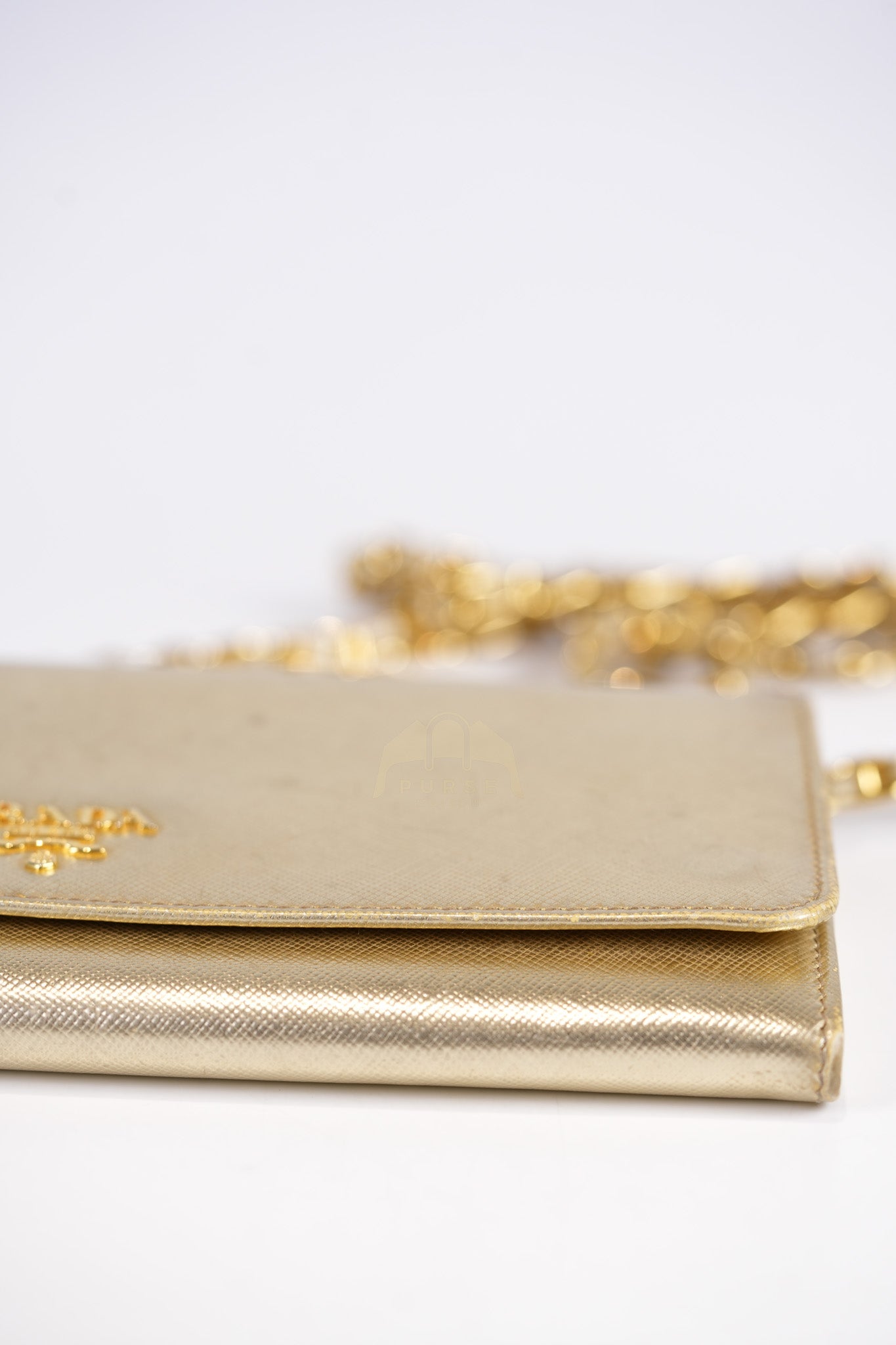 Wallet on Chain in Gold Saffiano Metal Leather & Gold Hardware | Purse Maison Luxury Bags Shop