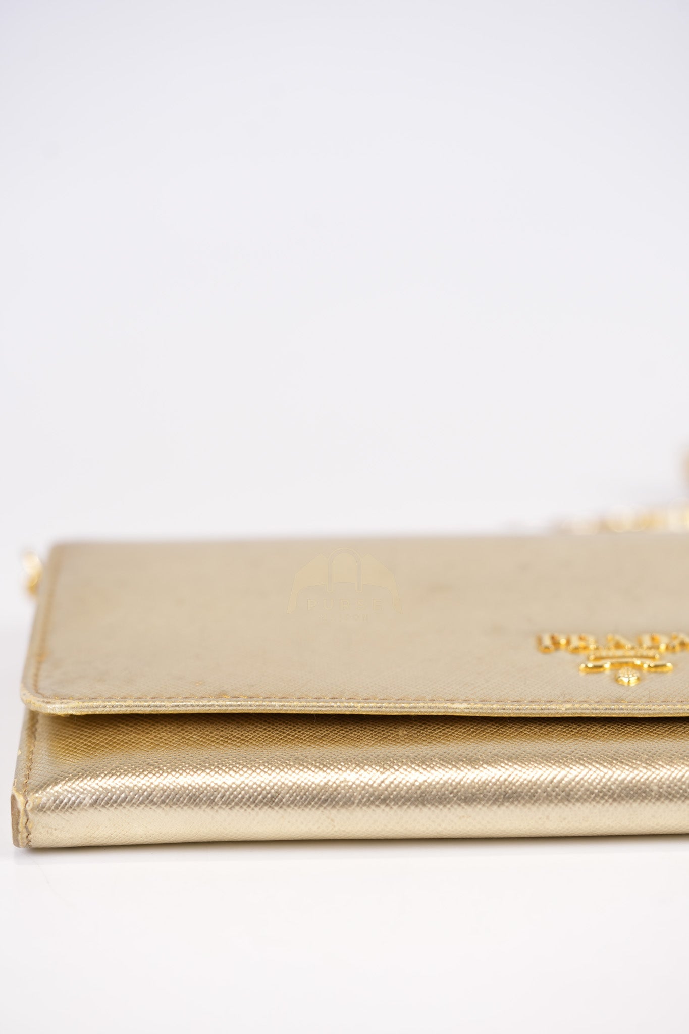 Wallet on Chain in Gold Saffiano Metal Leather & Gold Hardware | Purse Maison Luxury Bags Shop