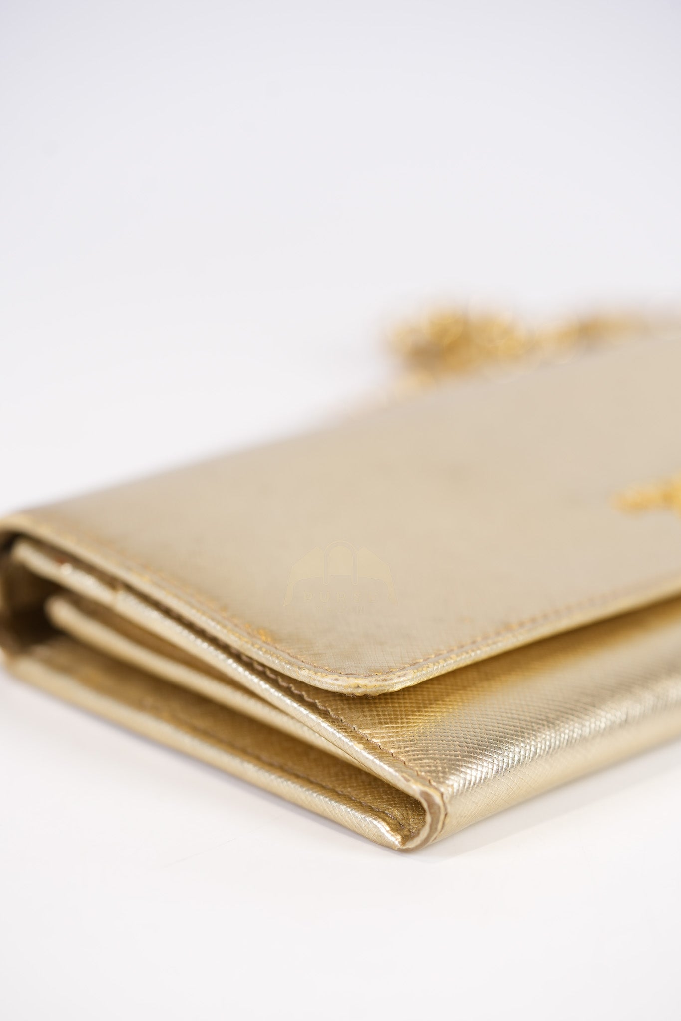 Wallet on Chain in Gold Saffiano Metal Leather & Gold Hardware | Purse Maison Luxury Bags Shop