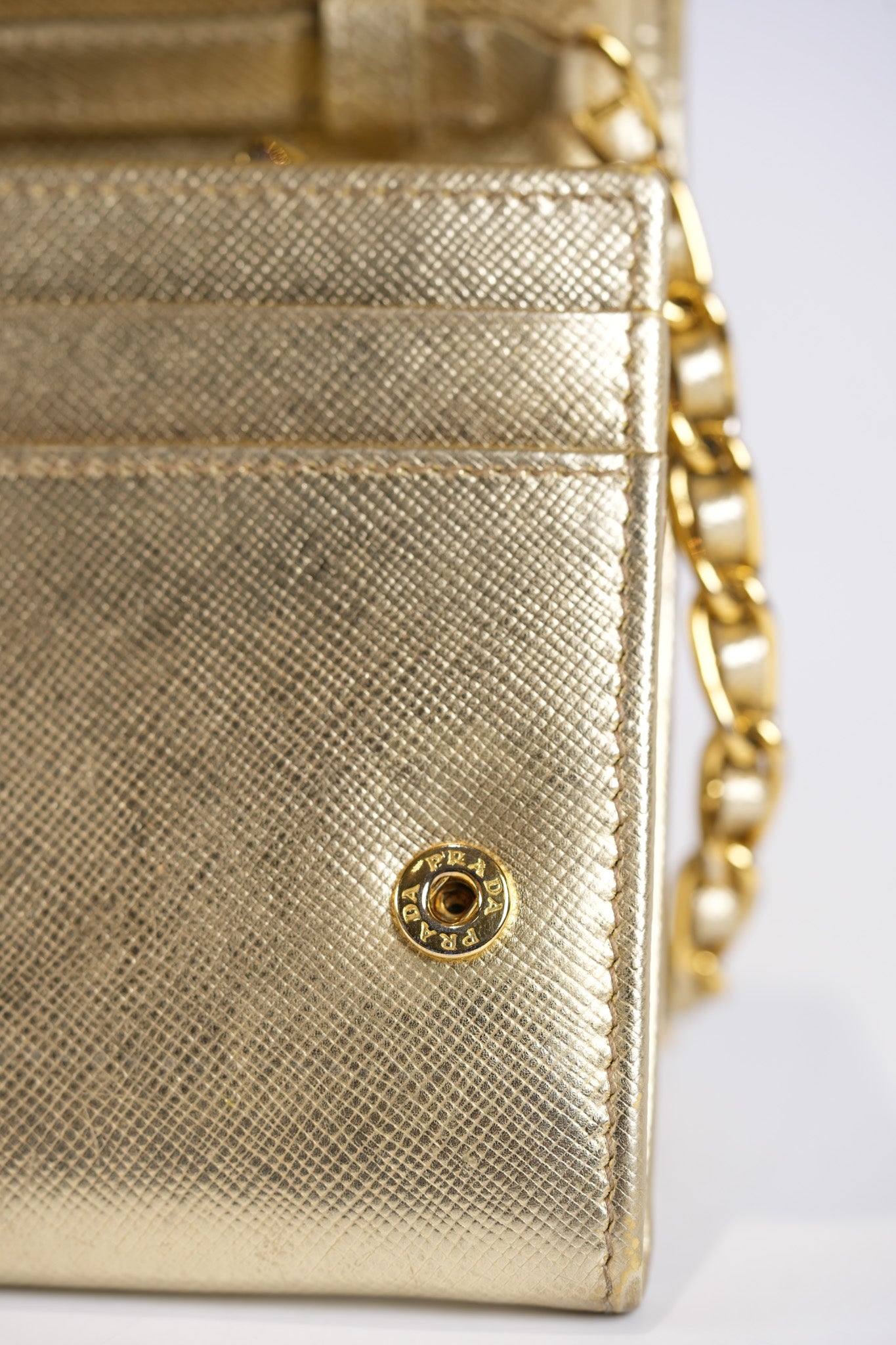 Wallet on Chain in Gold Saffiano Metal Leather & Gold Hardware | Purse Maison Luxury Bags Shop