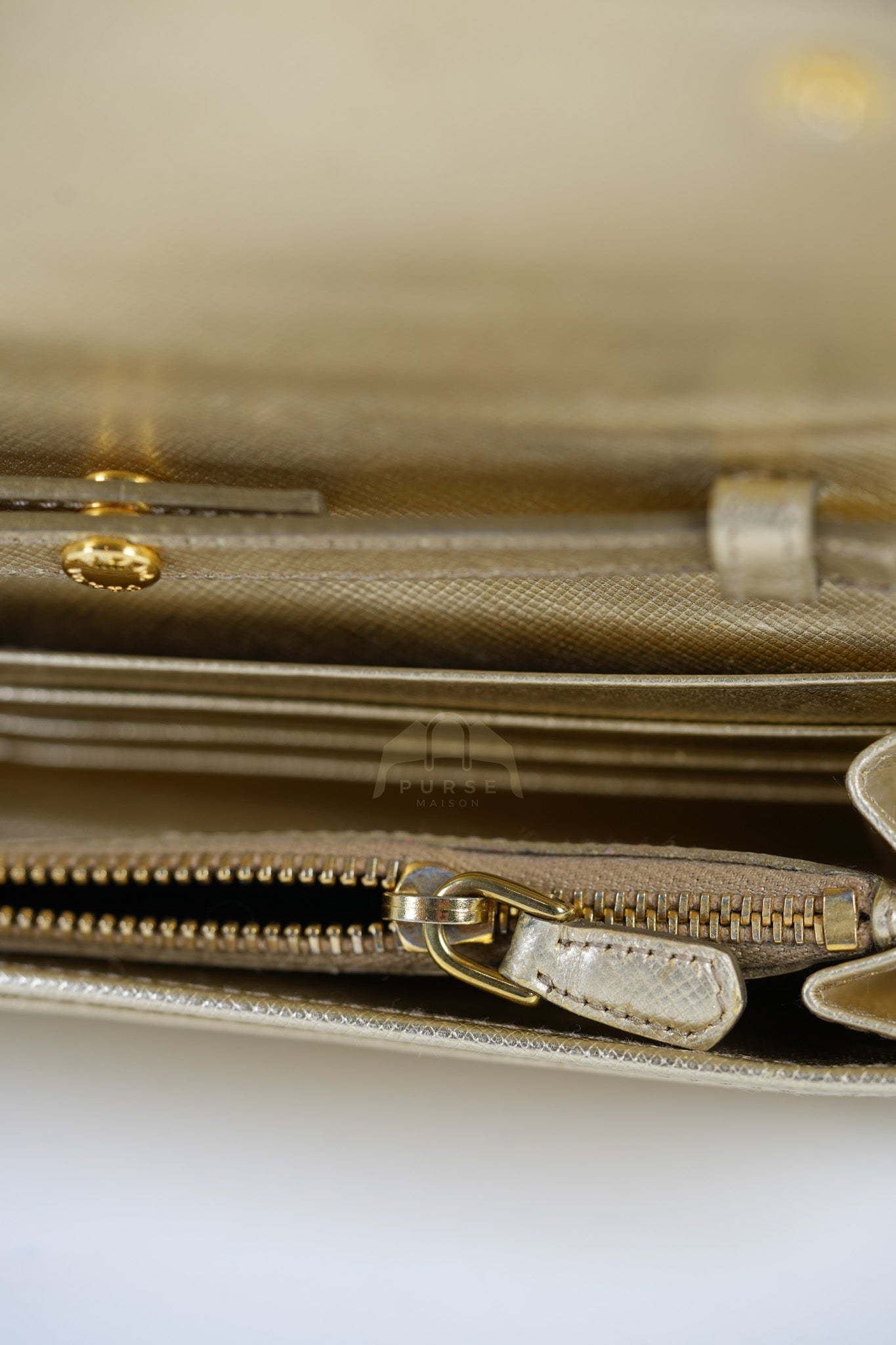 Wallet on Chain in Gold Saffiano Metal Leather & Gold Hardware | Purse Maison Luxury Bags Shop