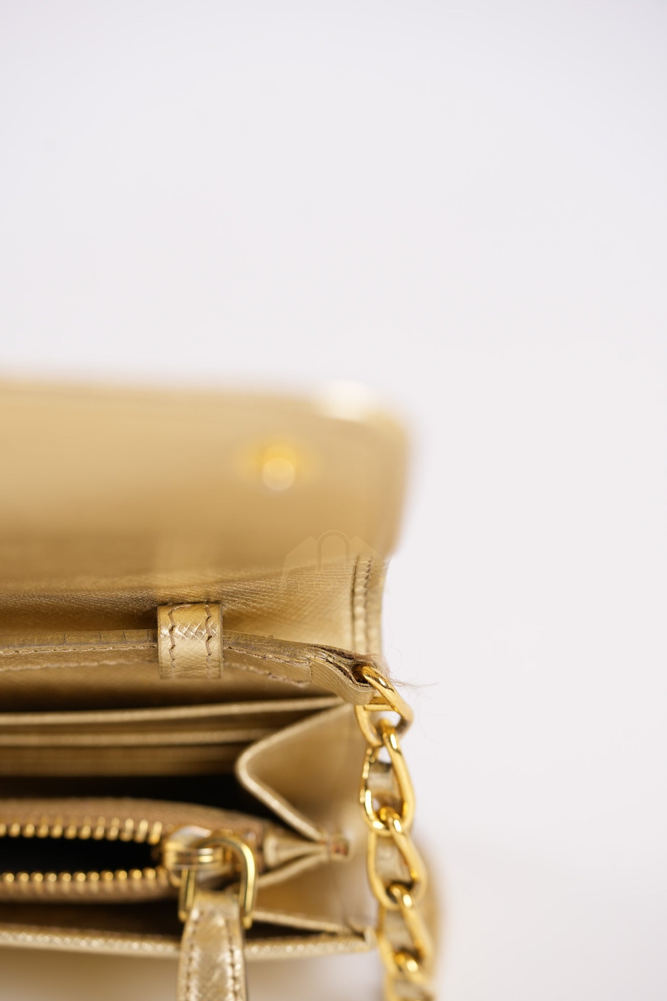 Wallet on Chain in Gold Saffiano Metal Leather & Gold Hardware | Purse Maison Luxury Bags Shop