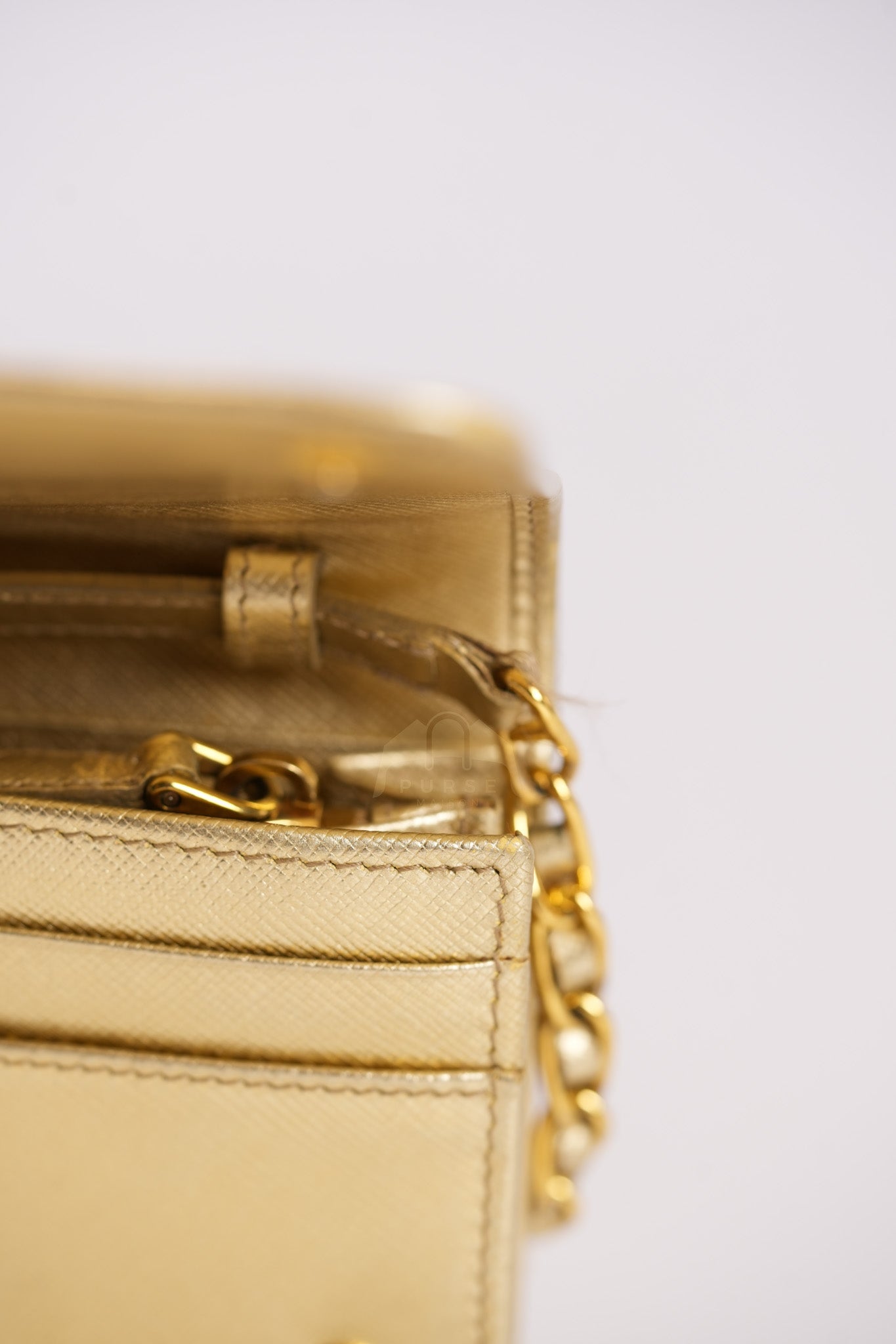 Wallet on Chain in Gold Saffiano Metal Leather & Gold Hardware | Purse Maison Luxury Bags Shop