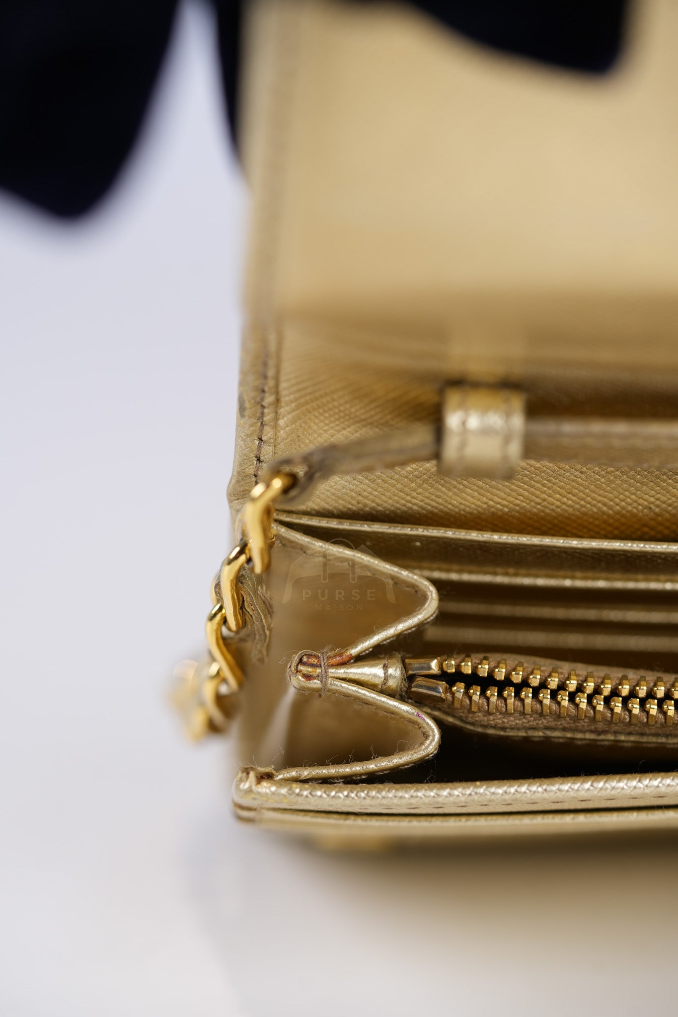 Wallet on Chain in Gold Saffiano Metal Leather & Gold Hardware | Purse Maison Luxury Bags Shop