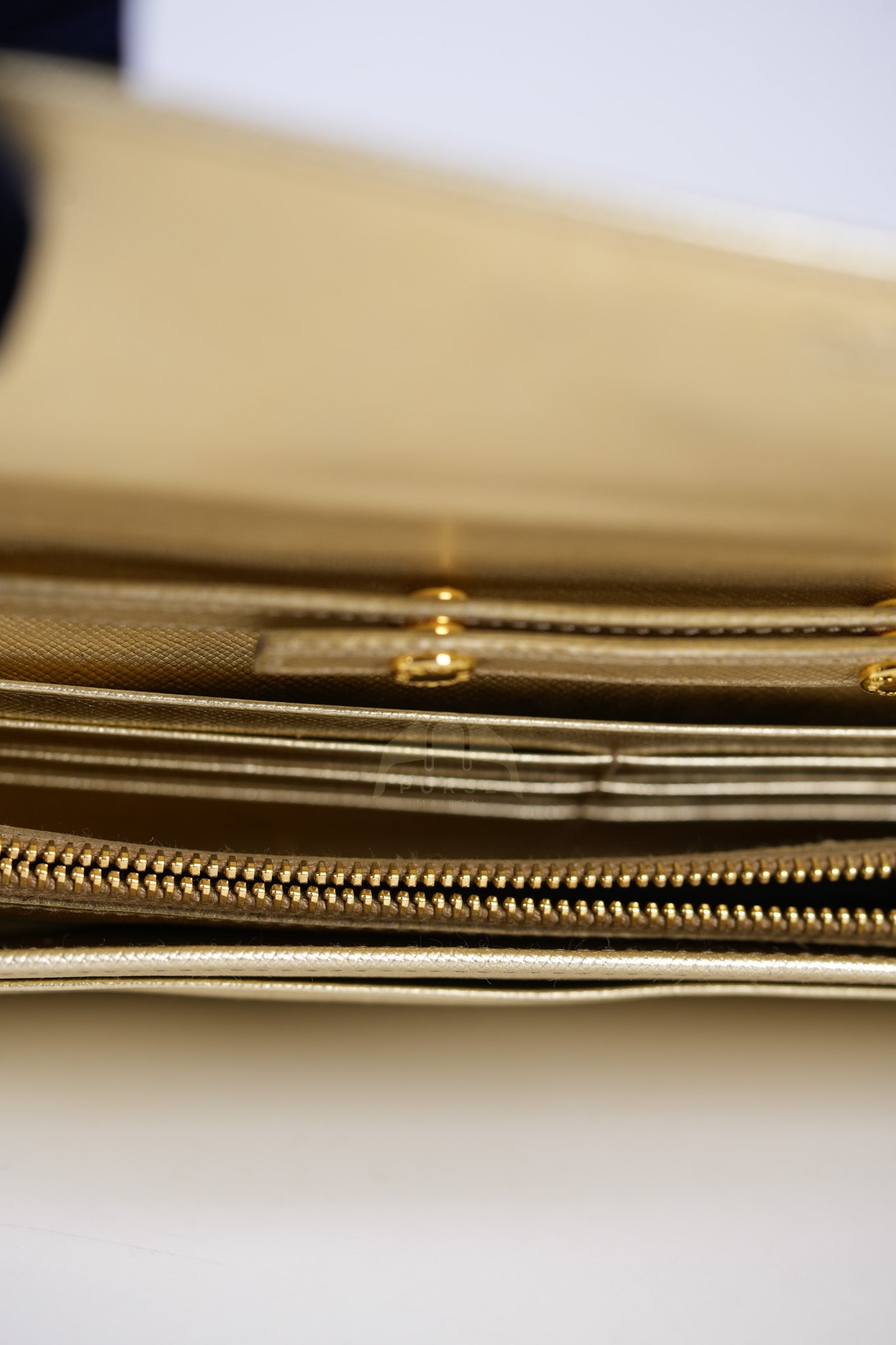 Wallet on Chain in Gold Saffiano Metal Leather & Gold Hardware | Purse Maison Luxury Bags Shop