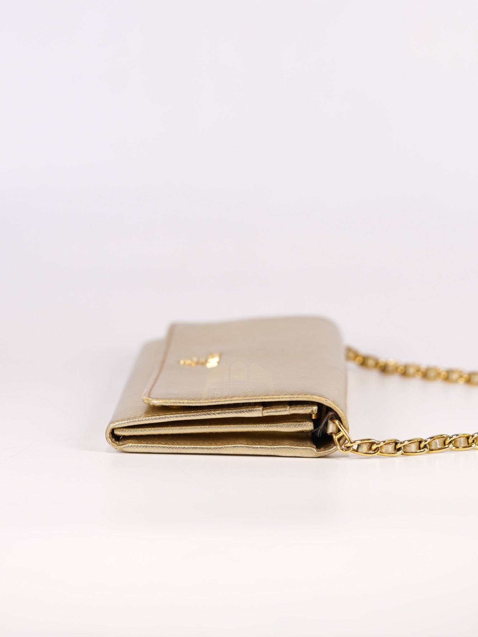 Wallet on Chain in Gold Saffiano Metal Leather & Gold Hardware | Purse Maison Luxury Bags Shop