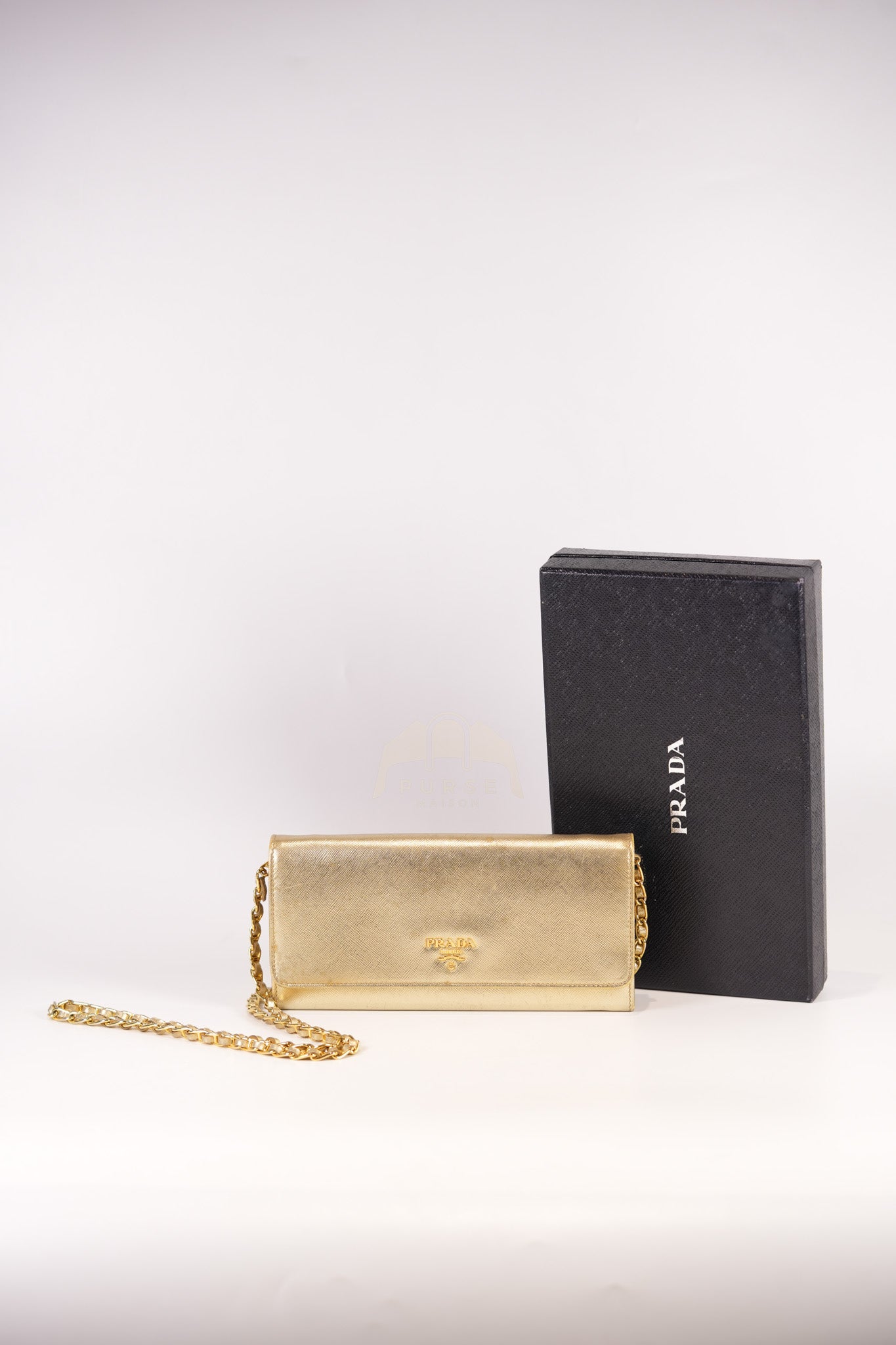 Wallet on Chain in Gold Saffiano Metal Leather & Gold Hardware | Purse Maison Luxury Bags Shop