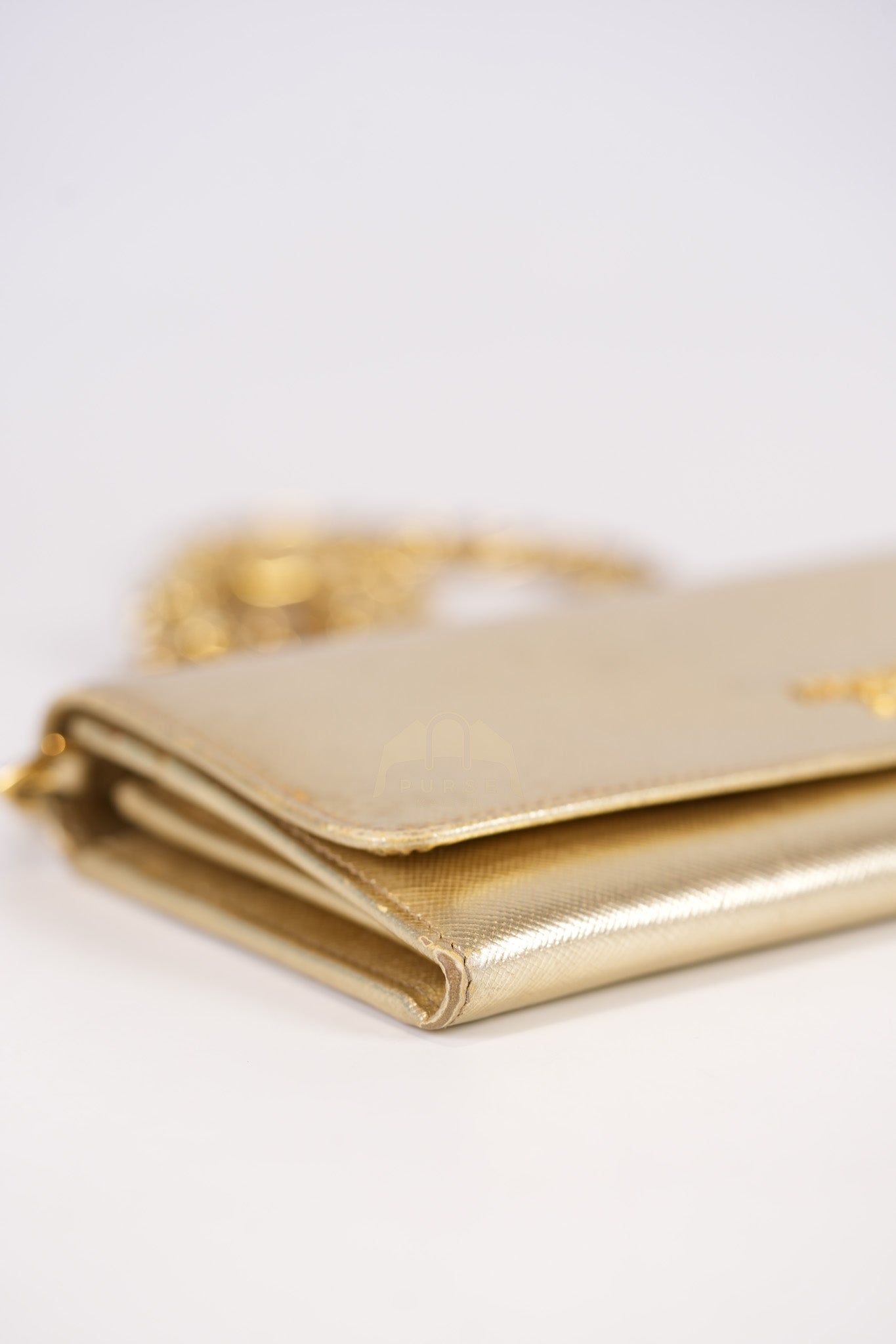 Wallet on Chain in Gold Saffiano Metal Leather & Gold Hardware | Purse Maison Luxury Bags Shop