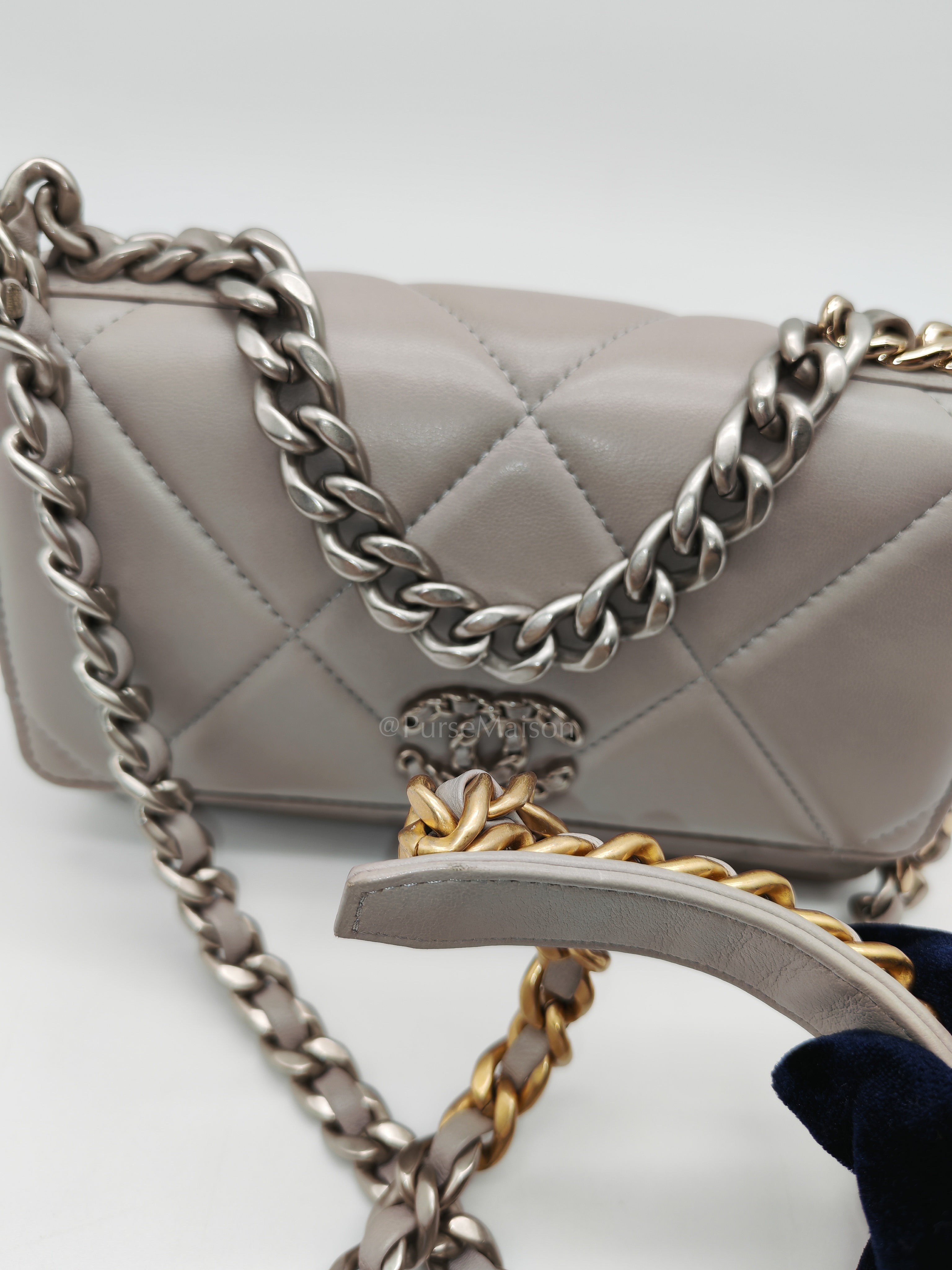 Wallet on Chain in Gray Lambskin Leather & Mixed Hardware Microchip | Purse Maison Luxury Bags Shop