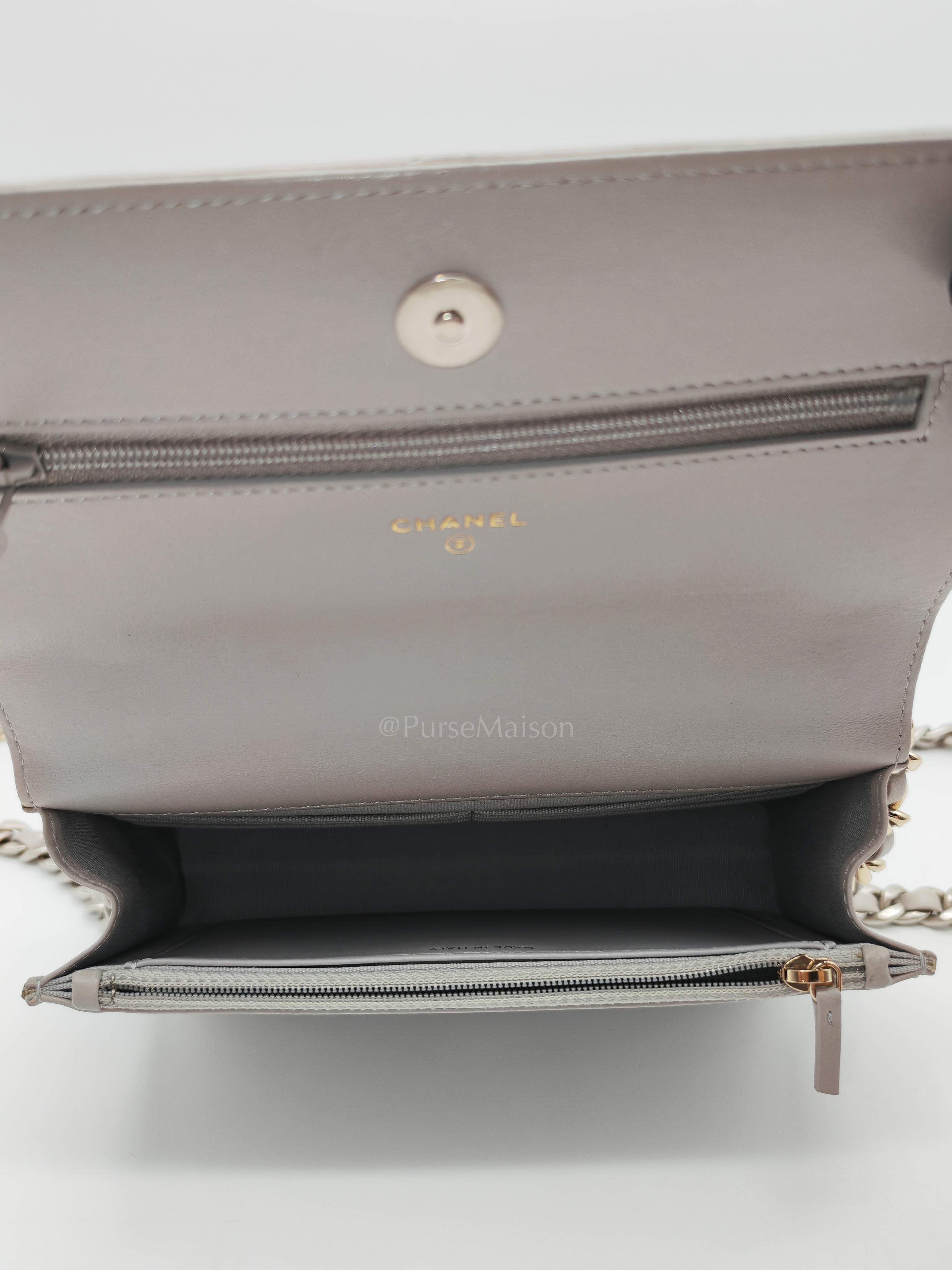Wallet on Chain in Gray Lambskin Leather & Mixed Hardware Microchip | Purse Maison Luxury Bags Shop