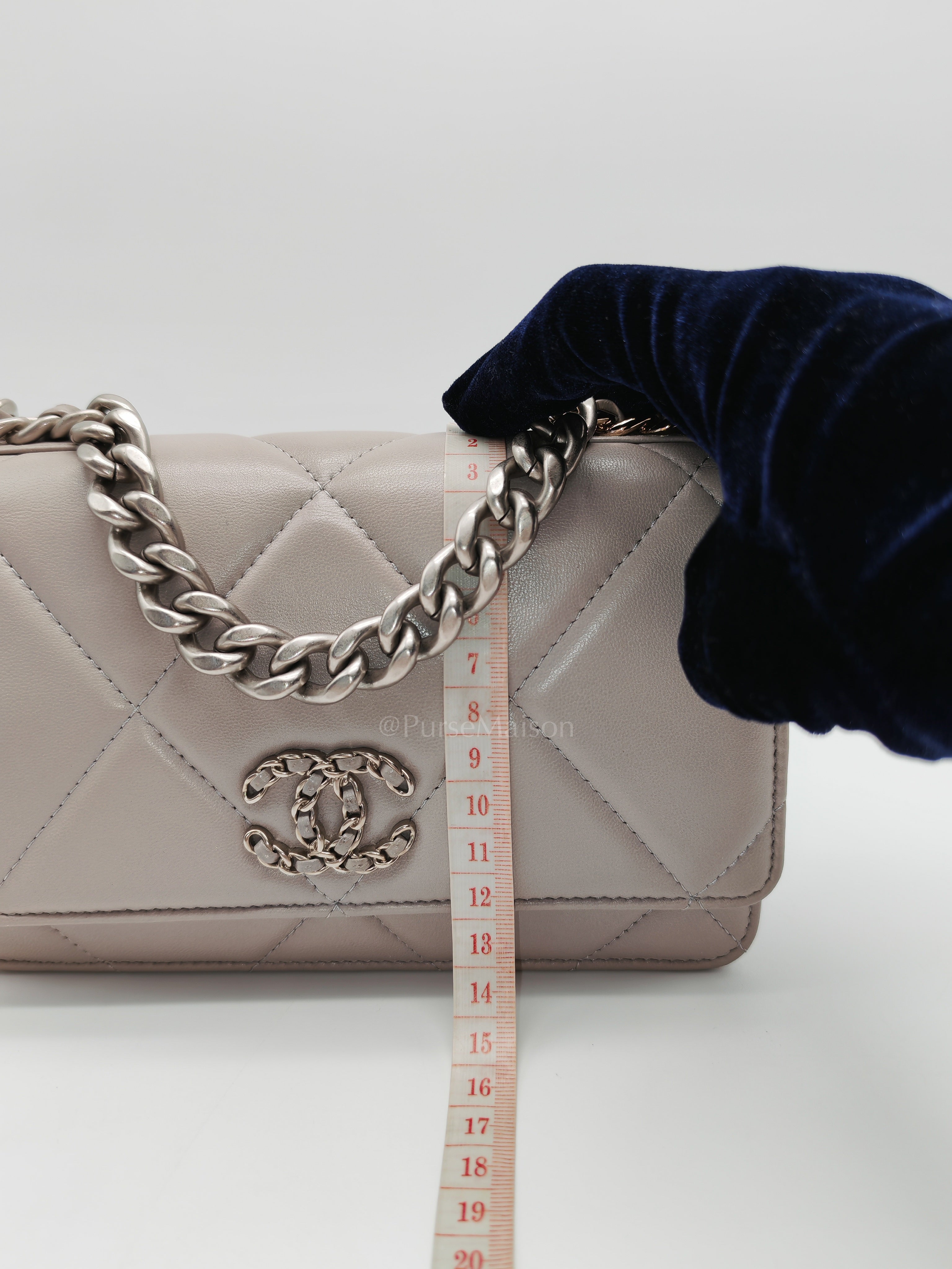 Wallet on Chain in Gray Lambskin Leather & Mixed Hardware Microchip | Purse Maison Luxury Bags Shop
