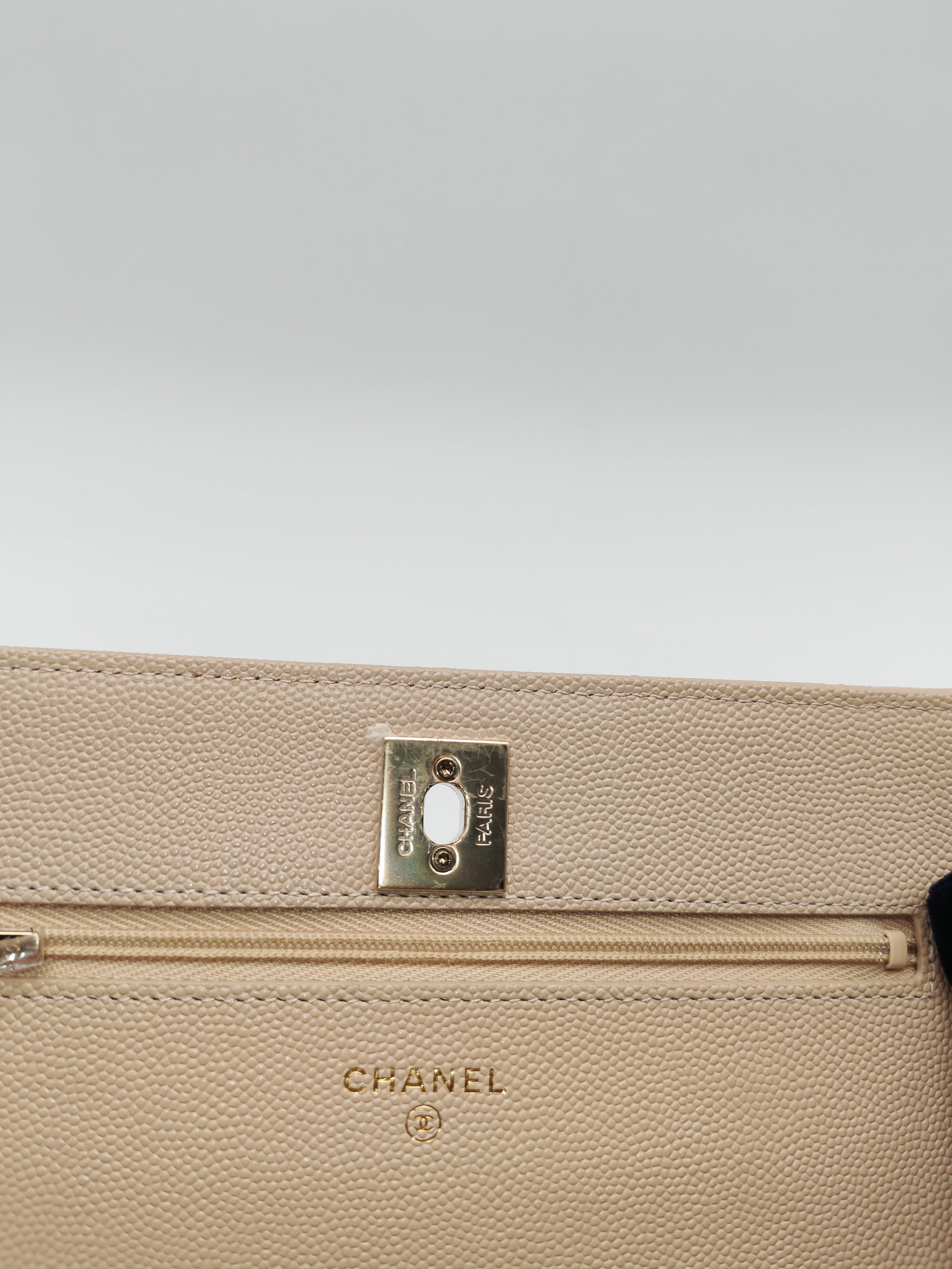 Wallet on Chain in Light Beige Quilted Caviar Leather & Light Gold Hardware Microchip | Purse Maison Luxury Bags Shop