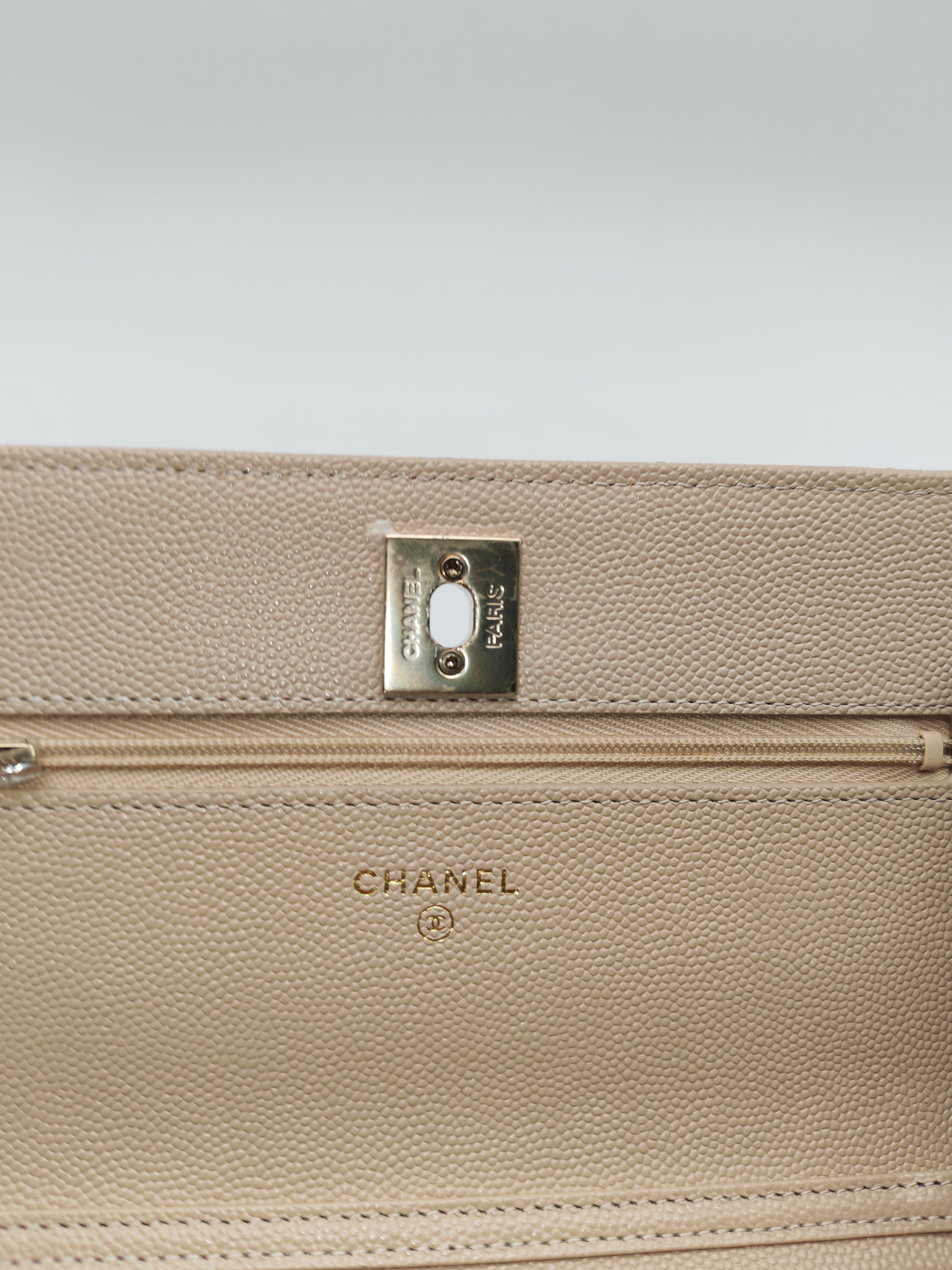 Wallet on Chain in Light Beige Quilted Caviar Leather & Light Gold Hardware Microchip | Purse Maison Luxury Bags Shop