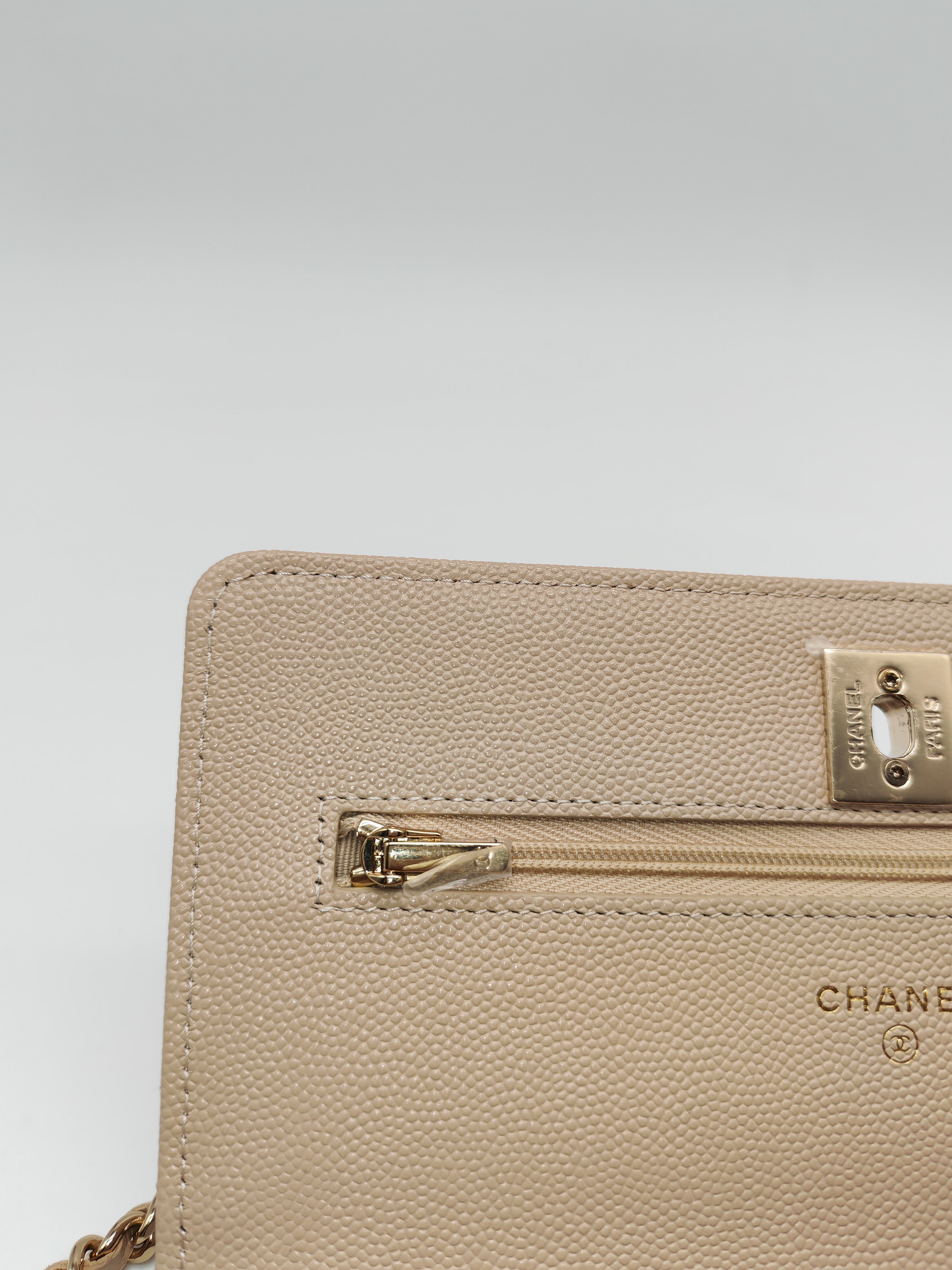 Wallet on Chain in Light Beige Quilted Caviar Leather & Light Gold Hardware Microchip | Purse Maison Luxury Bags Shop