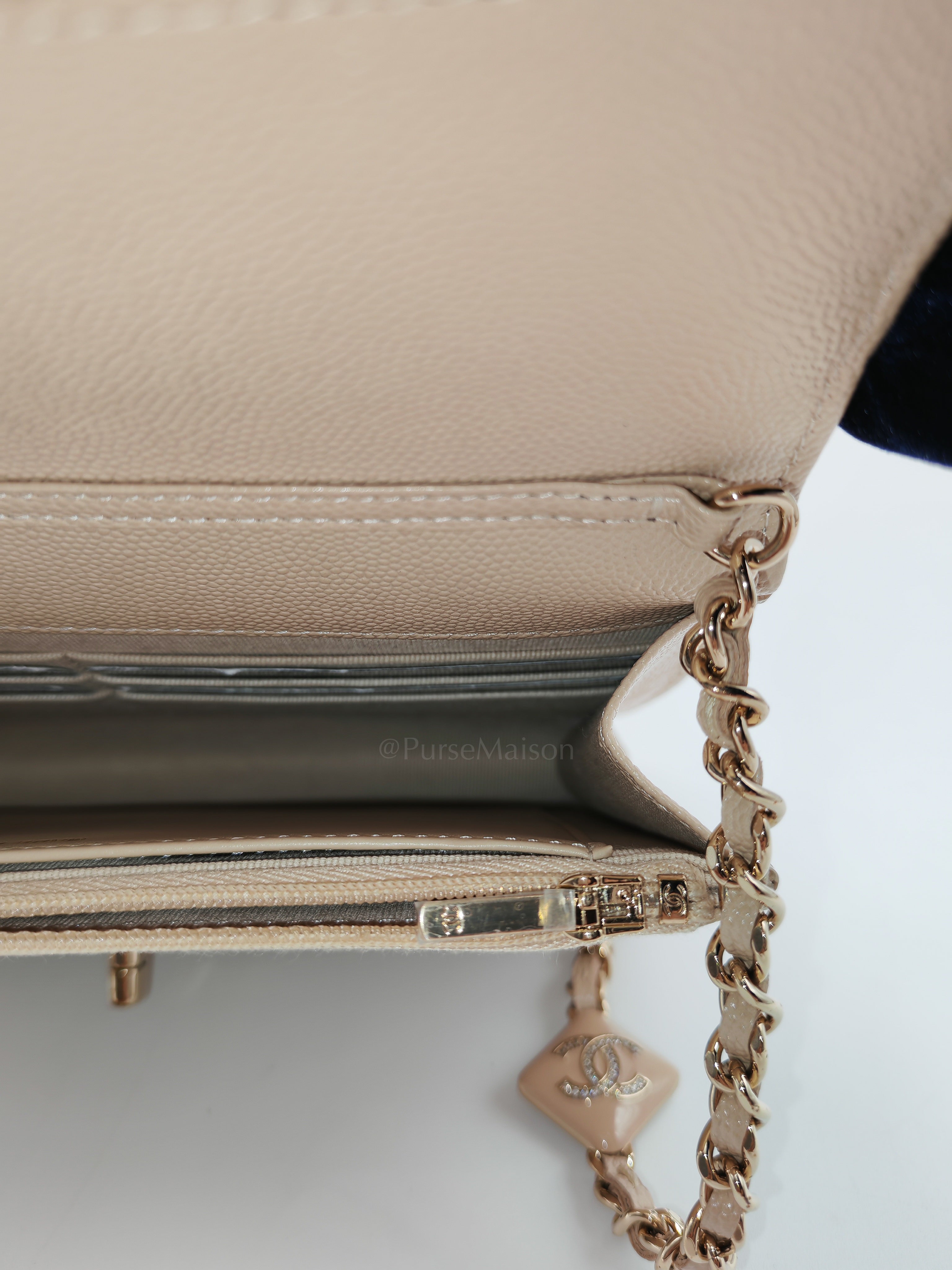 Wallet on Chain in Light Beige Quilted Caviar Leather & Light Gold Hardware Microchip | Purse Maison Luxury Bags Shop