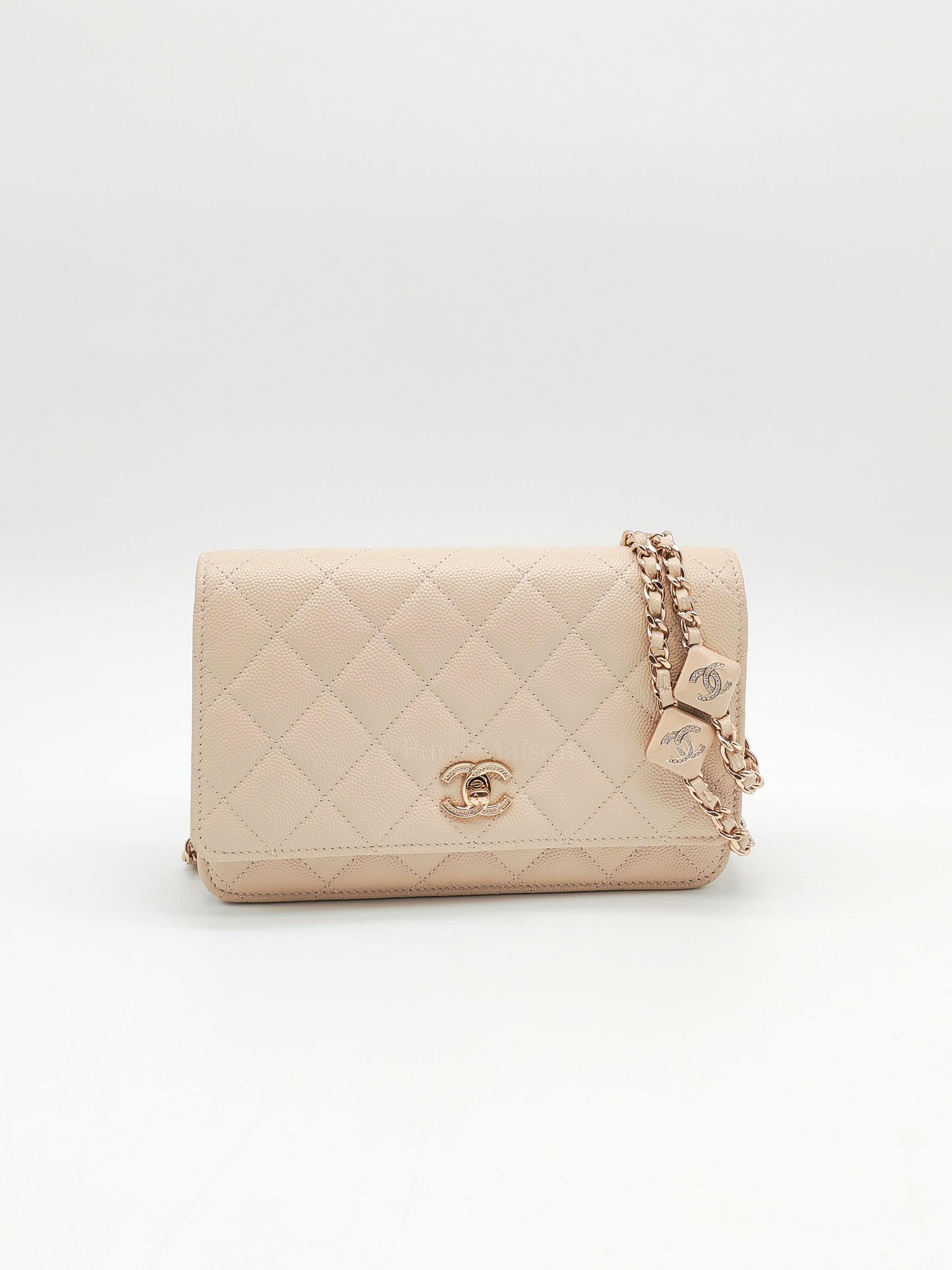 Wallet on Chain in Light Beige Quilted Caviar Leather & Light Gold Hardware Microchip | Purse Maison Luxury Bags Shop