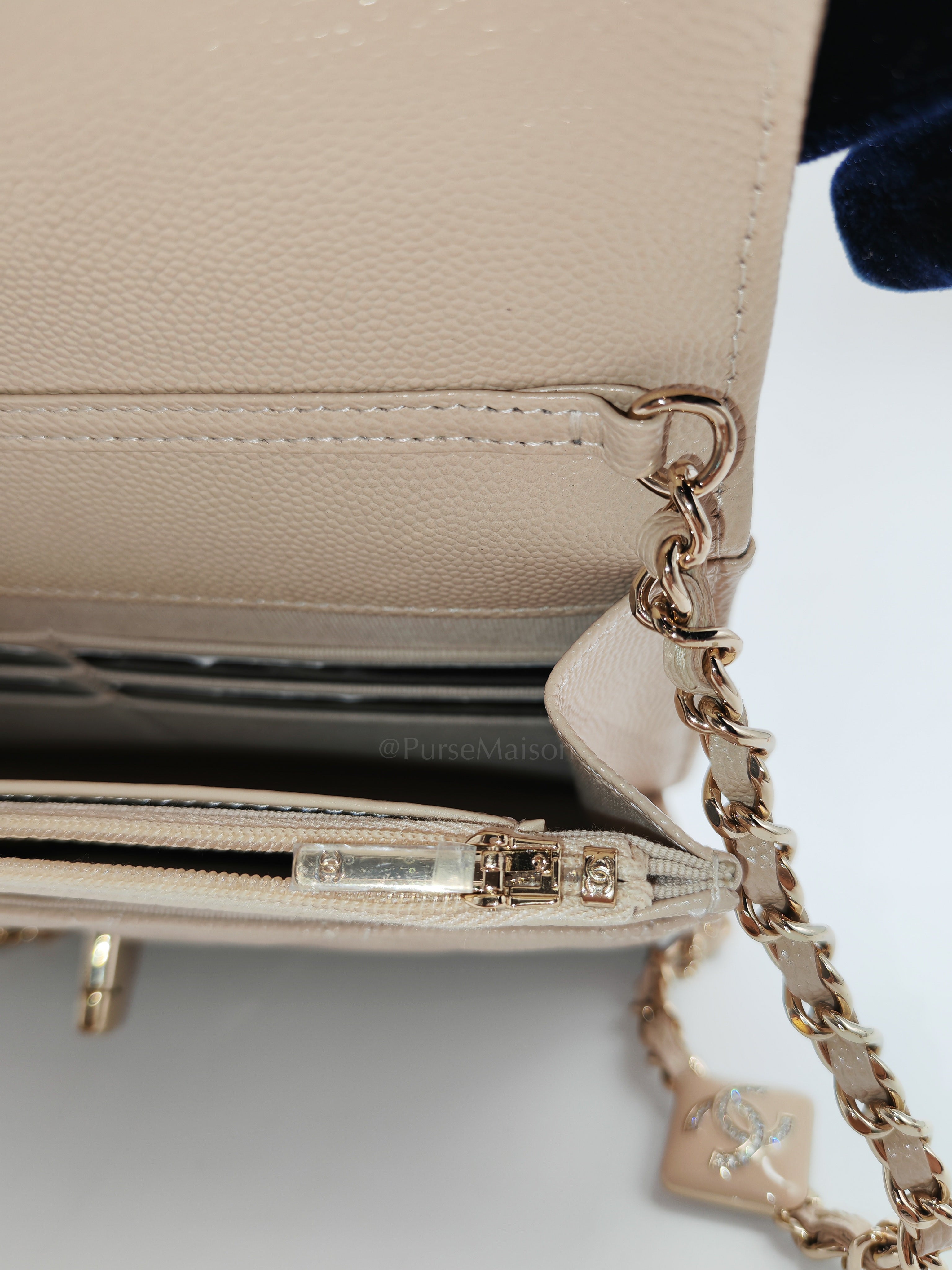 Wallet on Chain in Light Beige Quilted Caviar Leather & Light Gold Hardware Microchip | Purse Maison Luxury Bags Shop