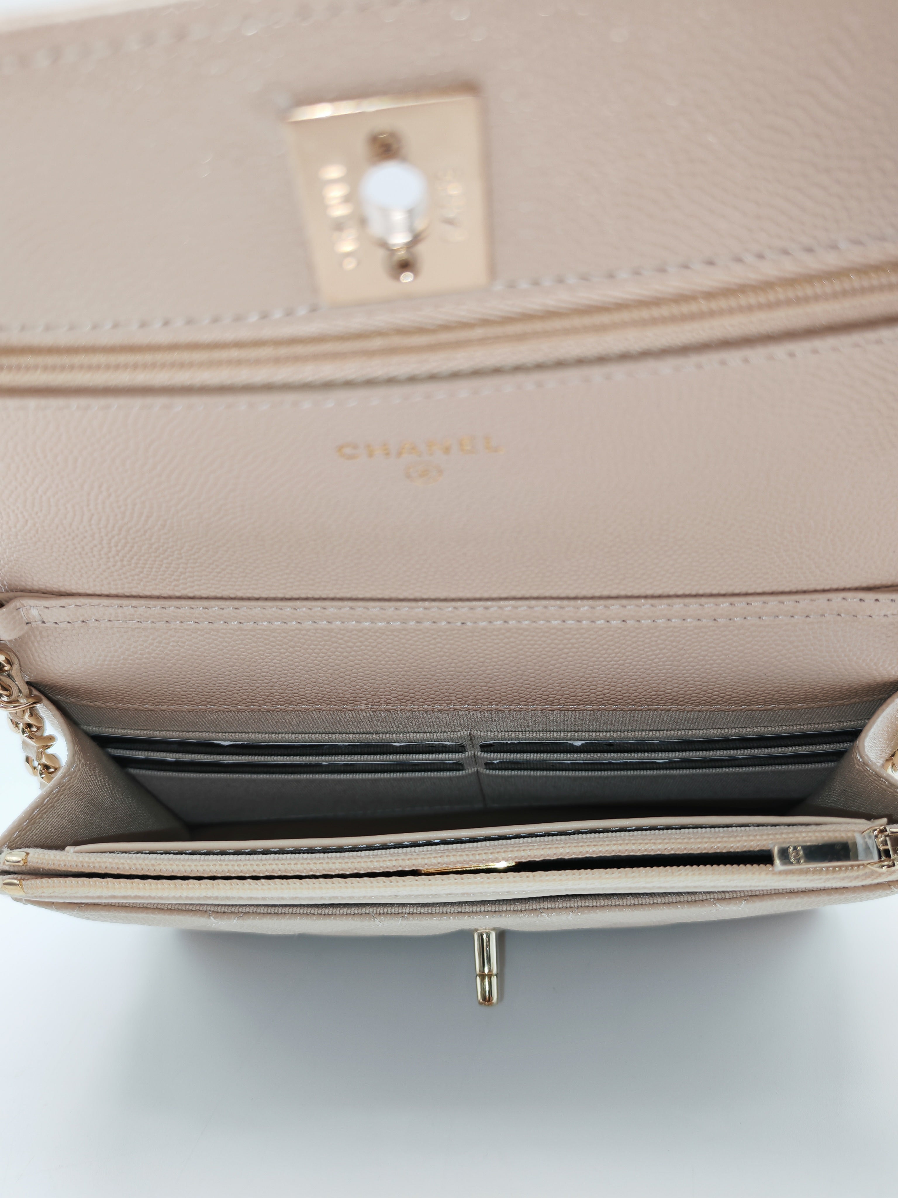 Wallet on Chain in Light Beige Quilted Caviar Leather & Light Gold Hardware Microchip | Purse Maison Luxury Bags Shop