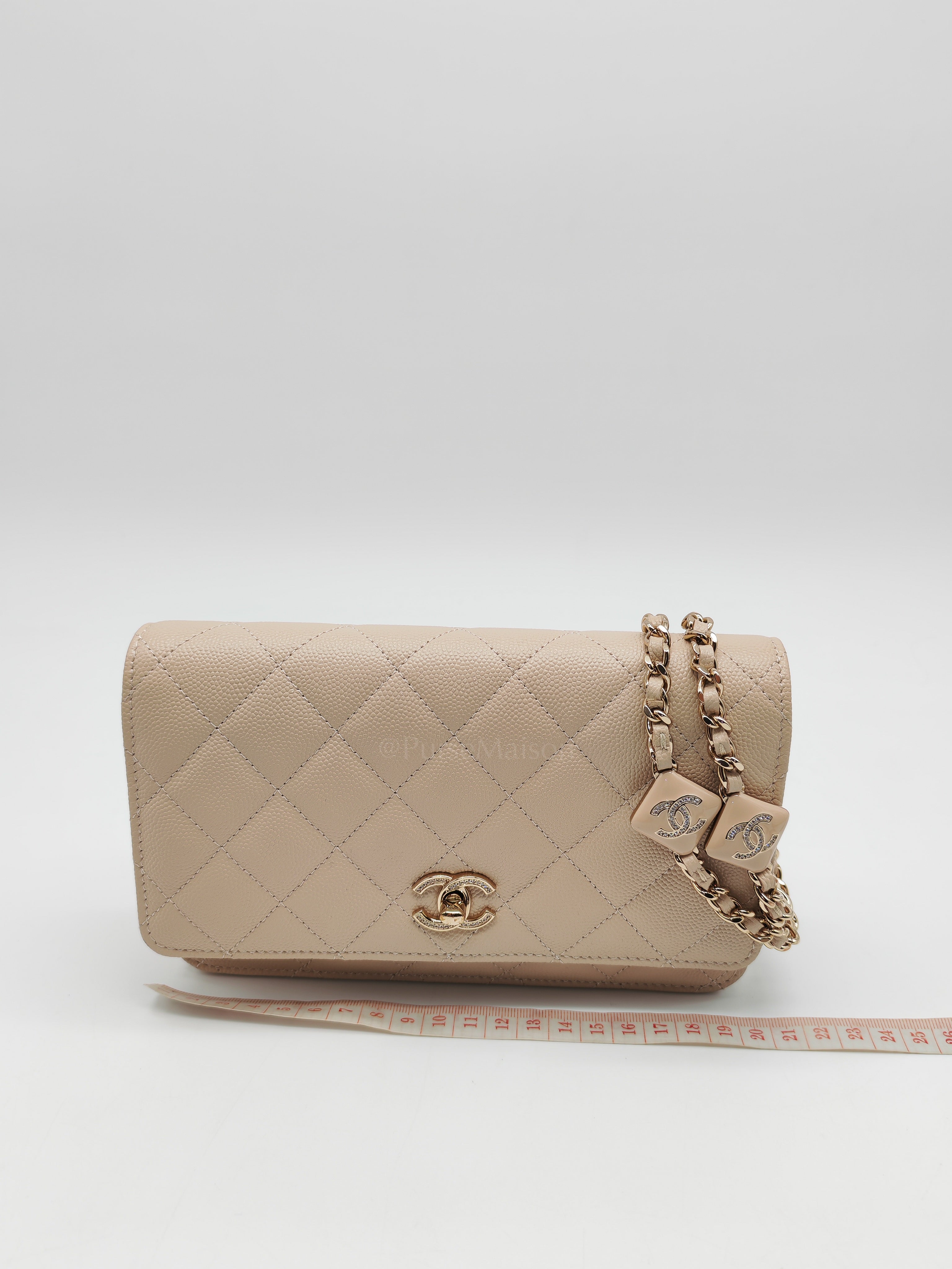 Wallet on Chain in Light Beige Quilted Caviar Leather & Light Gold Hardware Microchip | Purse Maison Luxury Bags Shop