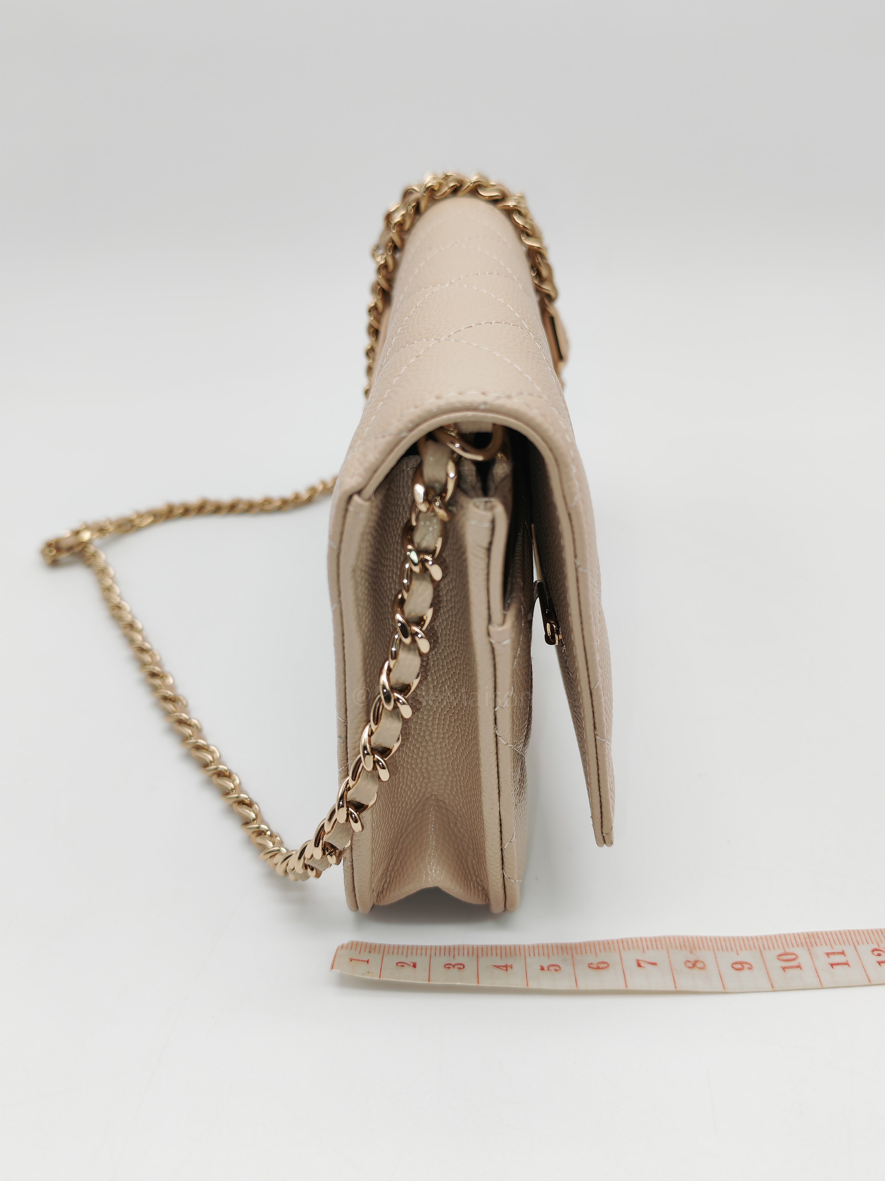 Wallet on Chain in Light Beige Quilted Caviar Leather & Light Gold Hardware Microchip | Purse Maison Luxury Bags Shop