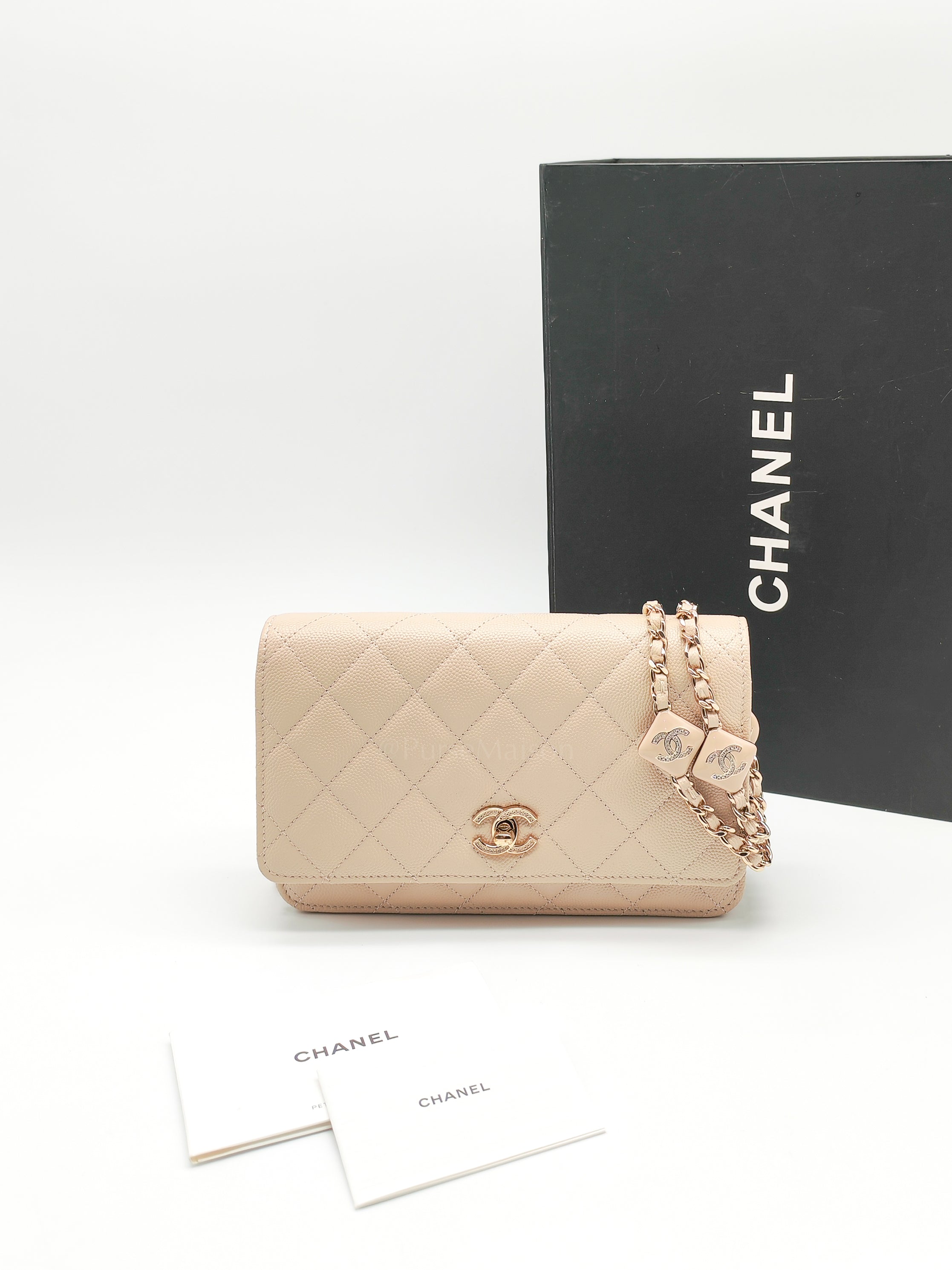 Wallet on Chain in Light Beige Quilted Caviar Leather & Light Gold Hardware Microchip | Purse Maison Luxury Bags Shop