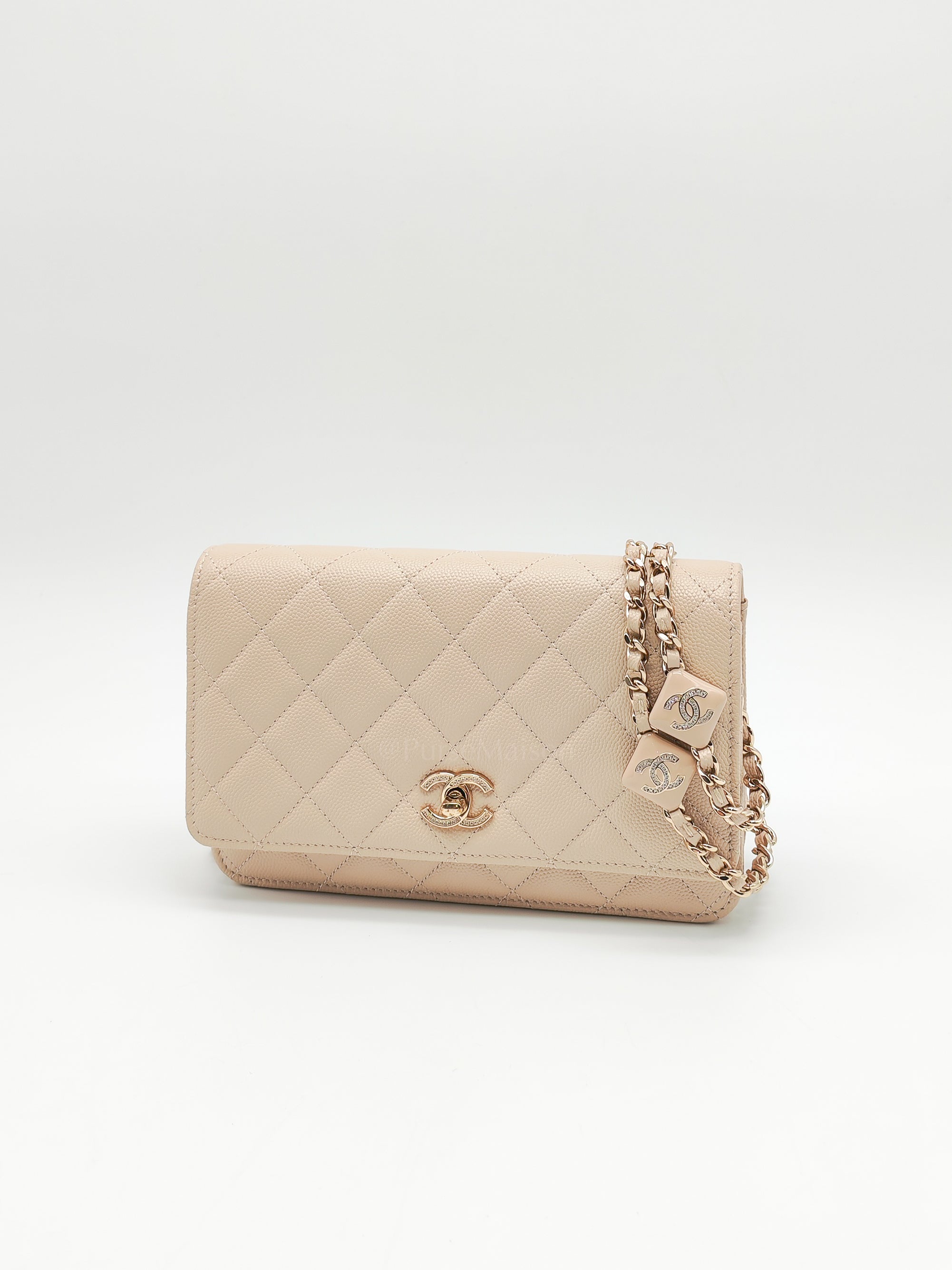 Wallet on Chain in Light Beige Quilted Caviar Leather & Light Gold Hardware Microchip | Purse Maison Luxury Bags Shop