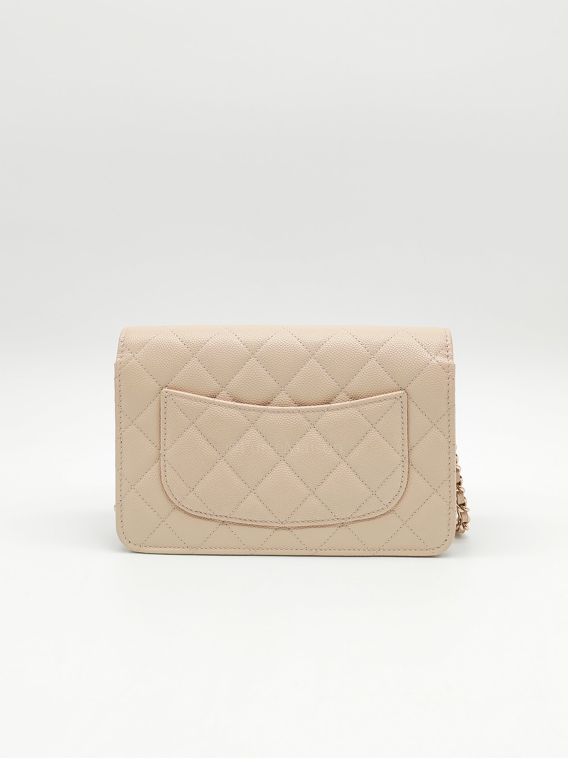 Wallet on Chain in Light Beige Quilted Caviar Leather & Light Gold Hardware Microchip | Purse Maison Luxury Bags Shop