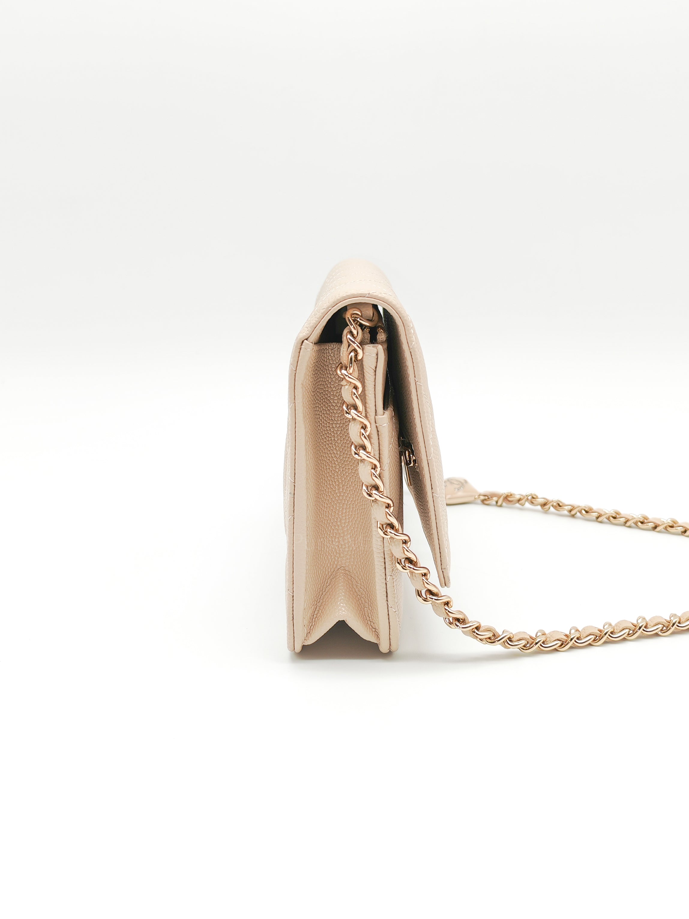 Wallet on Chain in Light Beige Quilted Caviar Leather & Light Gold Hardware Microchip | Purse Maison Luxury Bags Shop