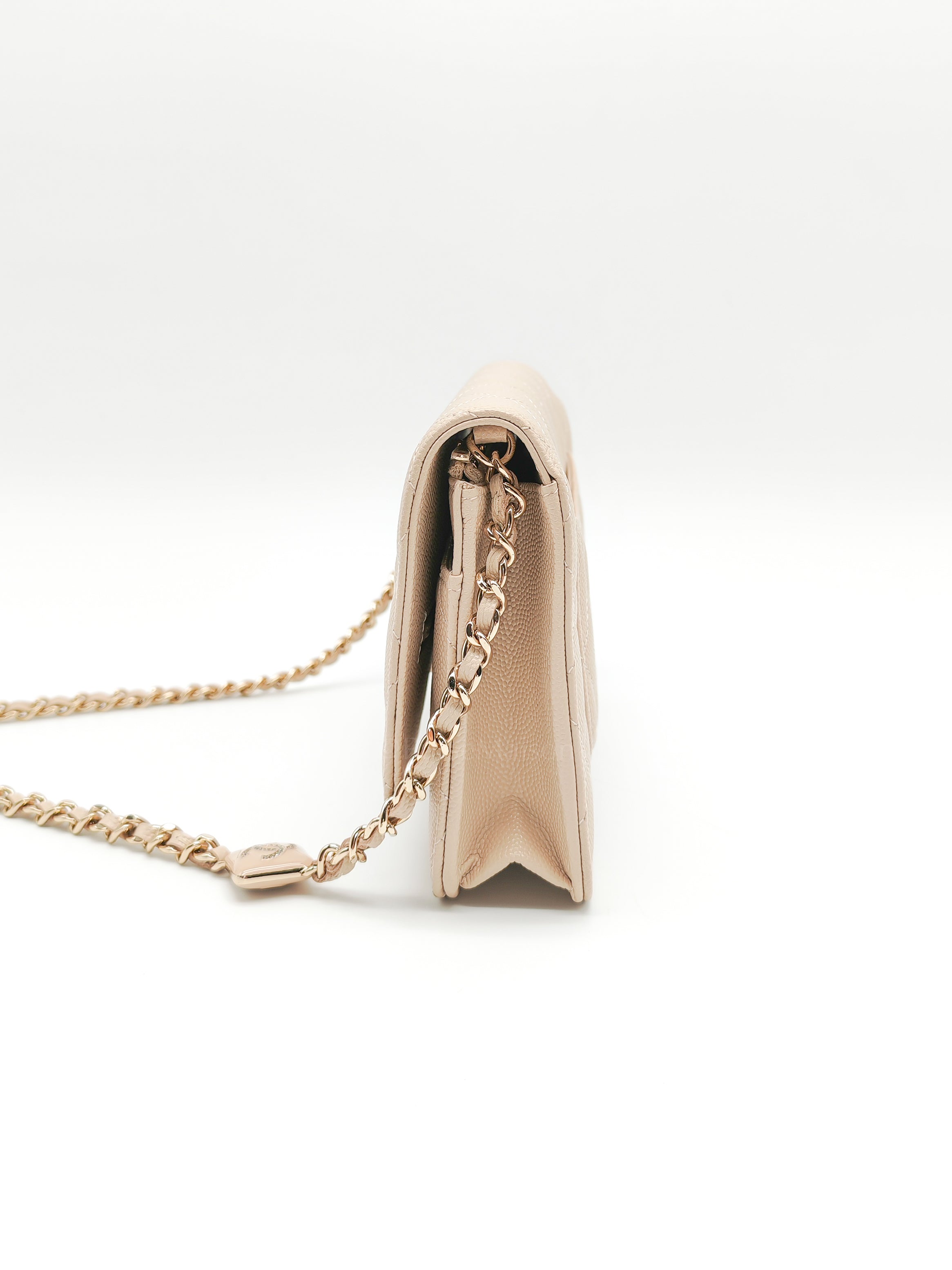 Wallet on Chain in Light Beige Quilted Caviar Leather & Light Gold Hardware Microchip | Purse Maison Luxury Bags Shop