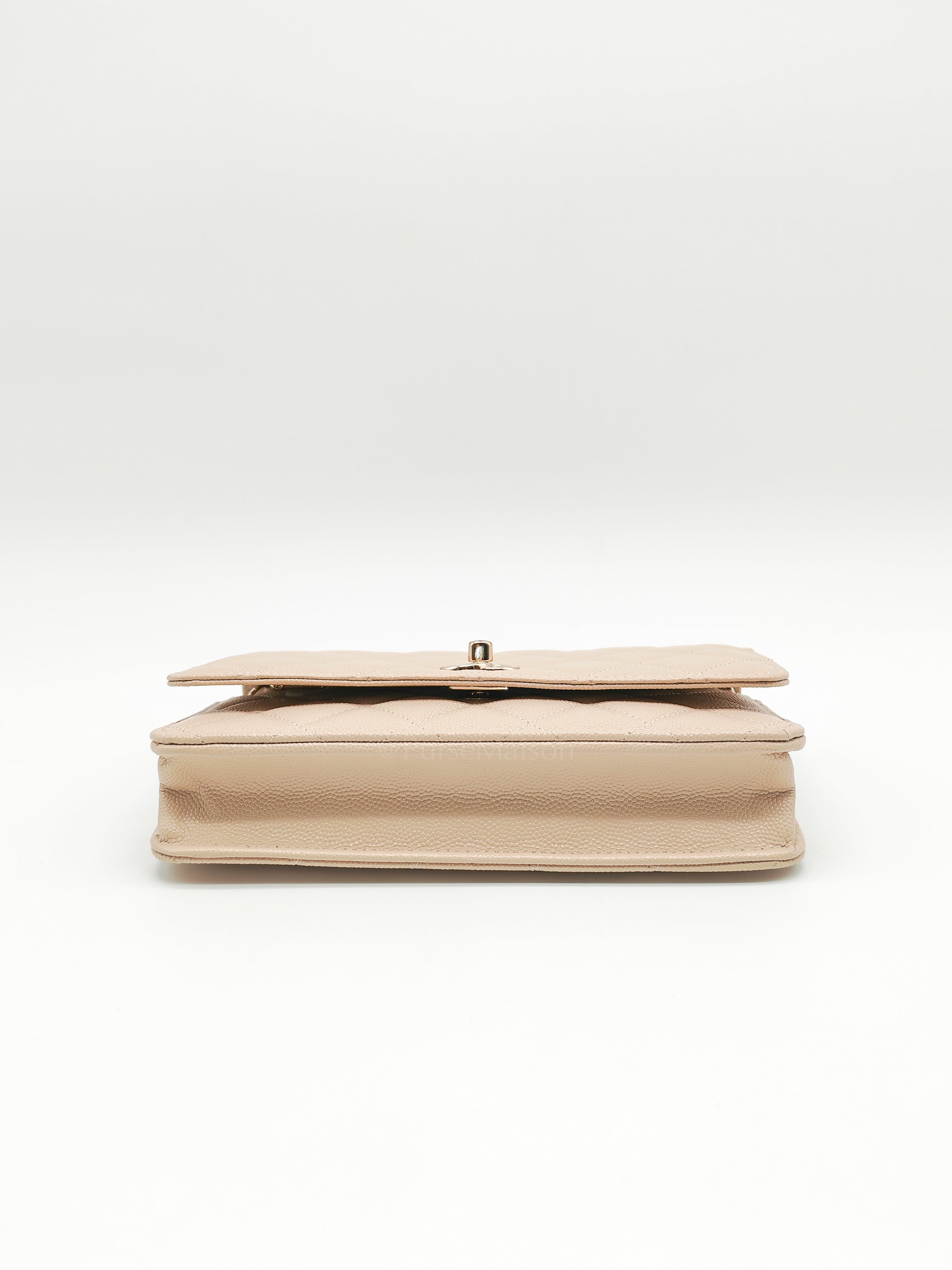 Wallet on Chain in Light Beige Quilted Caviar Leather & Light Gold Hardware Microchip | Purse Maison Luxury Bags Shop
