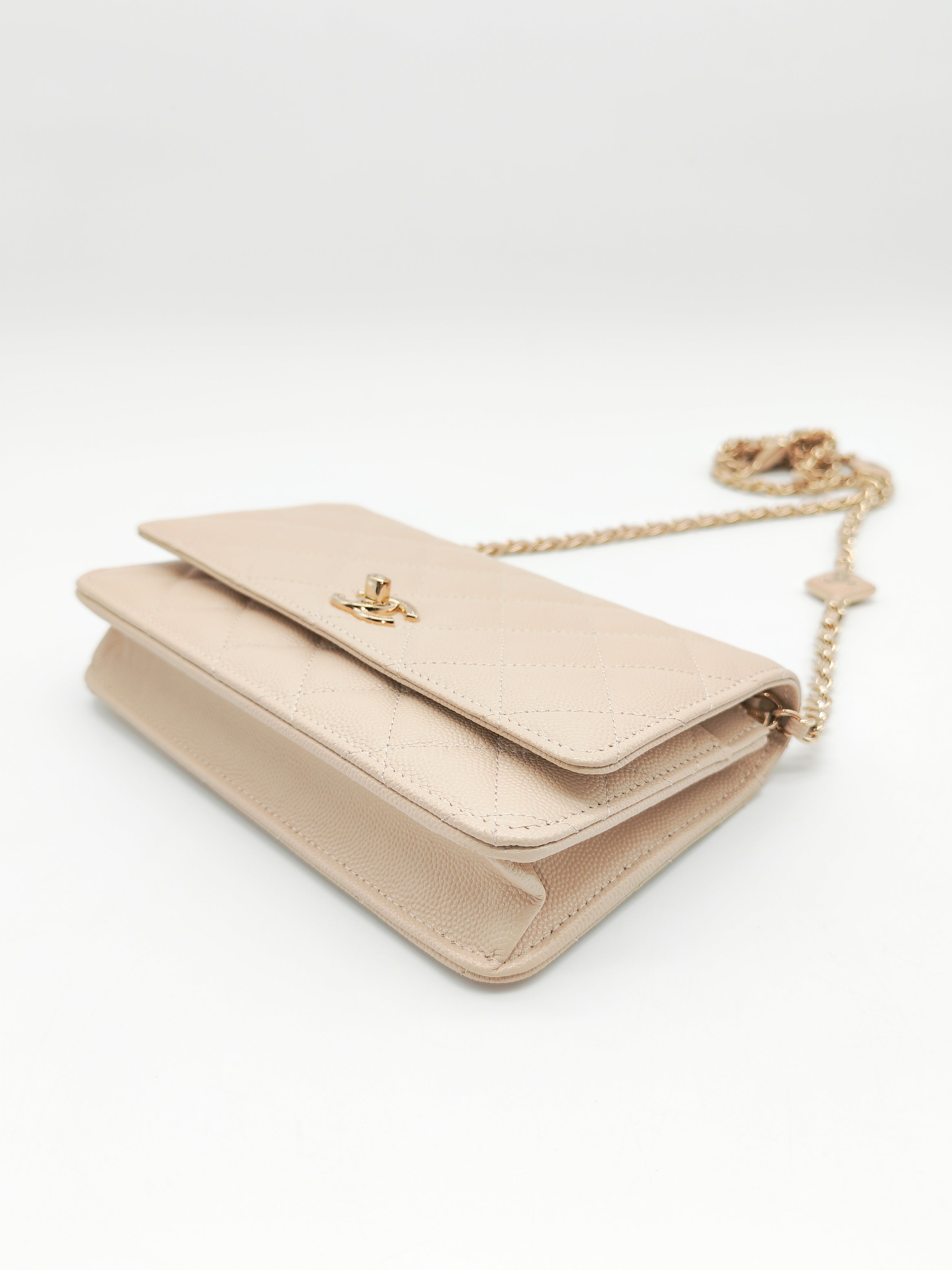 Wallet on Chain in Light Beige Quilted Caviar Leather & Light Gold Hardware Microchip | Purse Maison Luxury Bags Shop