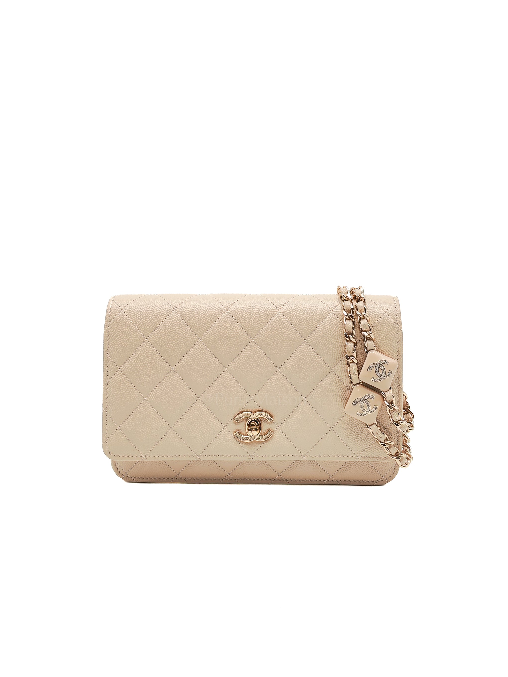 Wallet on Chain in Light Beige Quilted Caviar Leather & Light Gold Hardware Microchip | Purse Maison Luxury Bags Shop