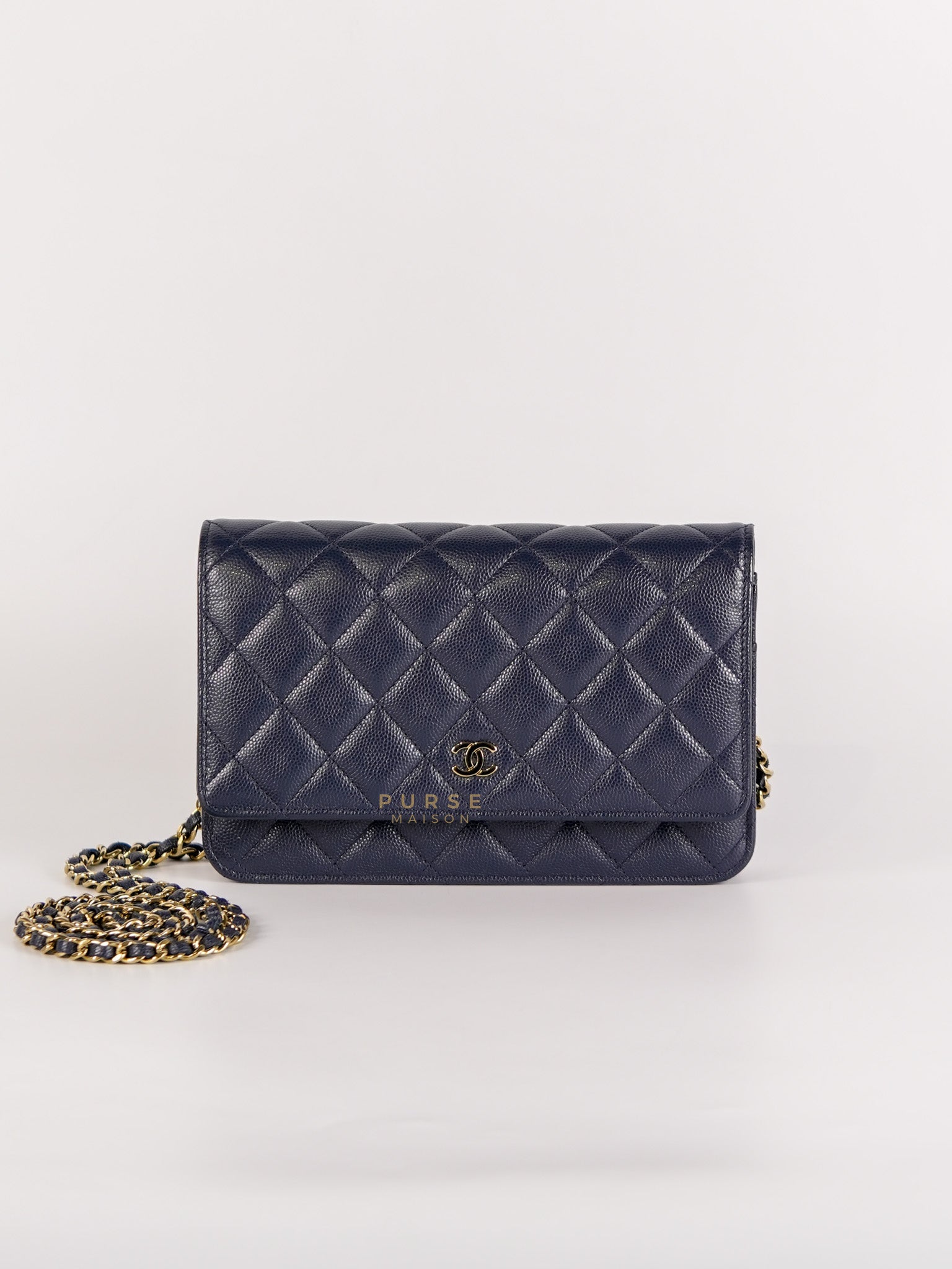 Wallet On Chain In Navy Blue Quilted Caviar Leather Light Gold Hardware Microchip | Purse Maison Luxury Bags Shop