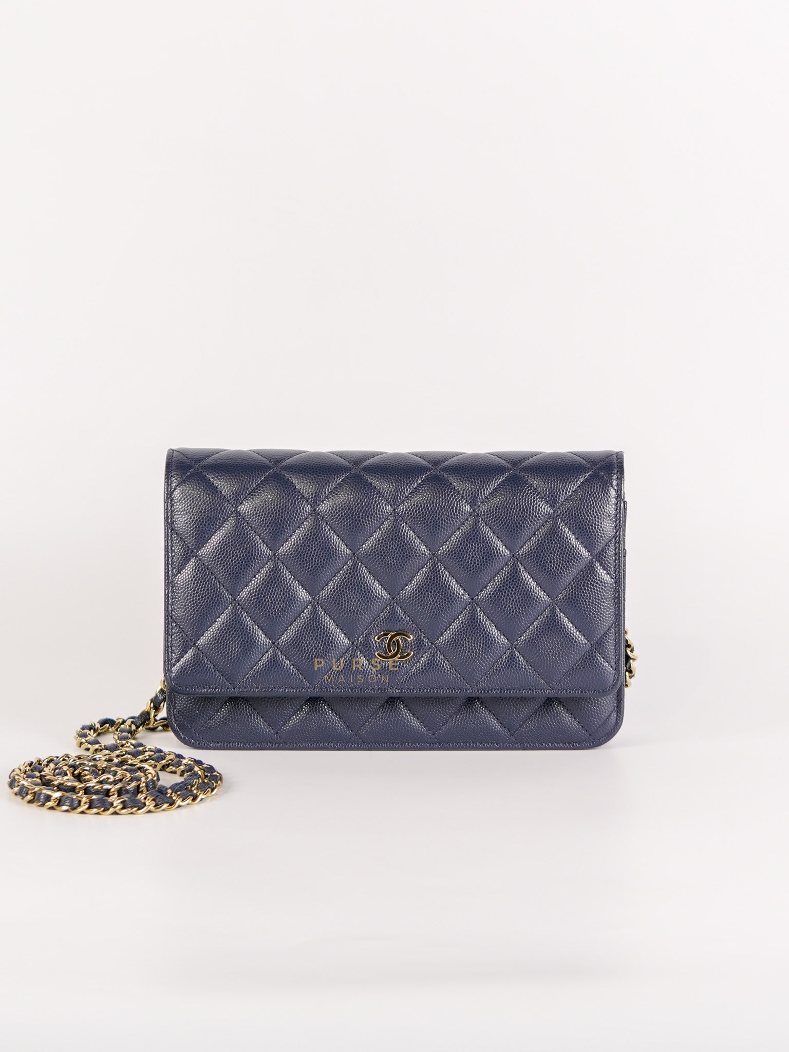 Wallet On Chain In Navy Blue Quilted Caviar Leather Light Gold Hardware Microchip | Purse Maison Luxury Bags Shop