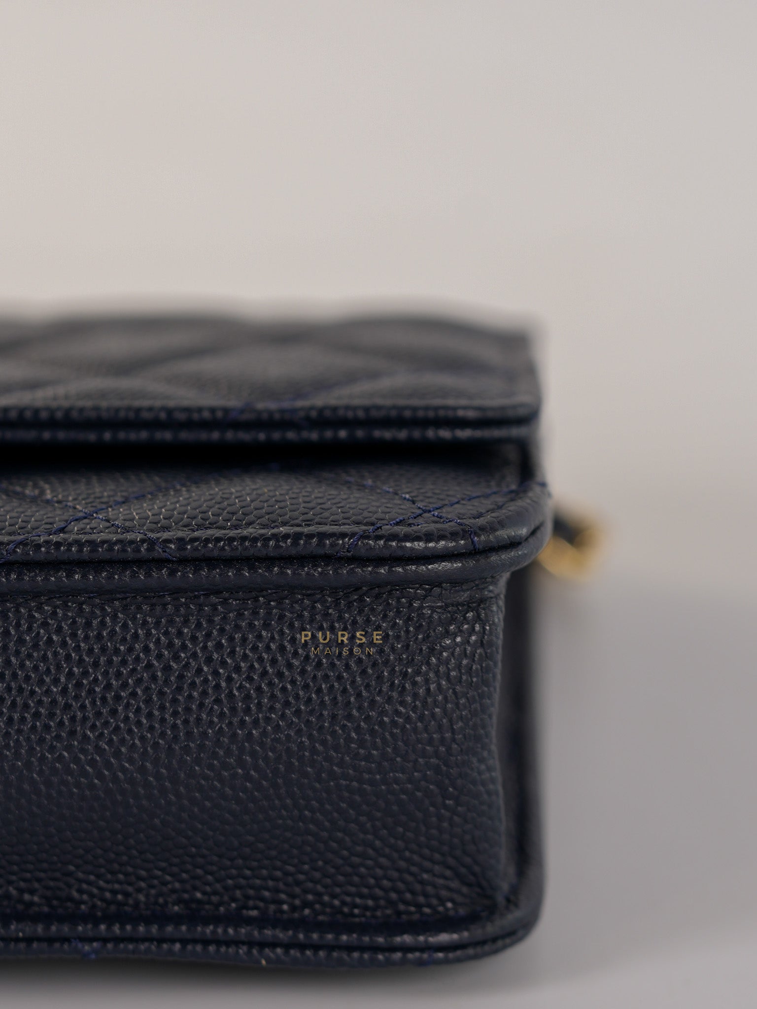 Wallet on Chain in Navy Blue Quilted Caviar Leather & Light Gold Hardware(Series 26) | Purse Maison Luxury Bags Shop