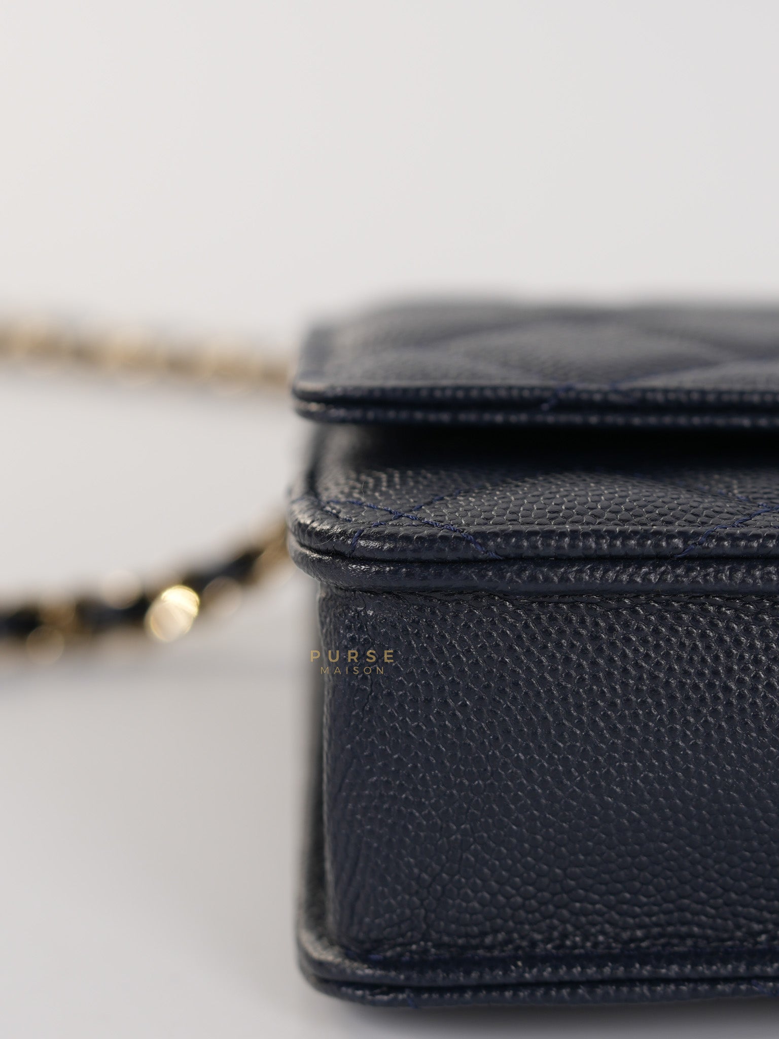 Wallet on Chain in Navy Blue Quilted Caviar Leather & Light Gold Hardware(Series 26) | Purse Maison Luxury Bags Shop