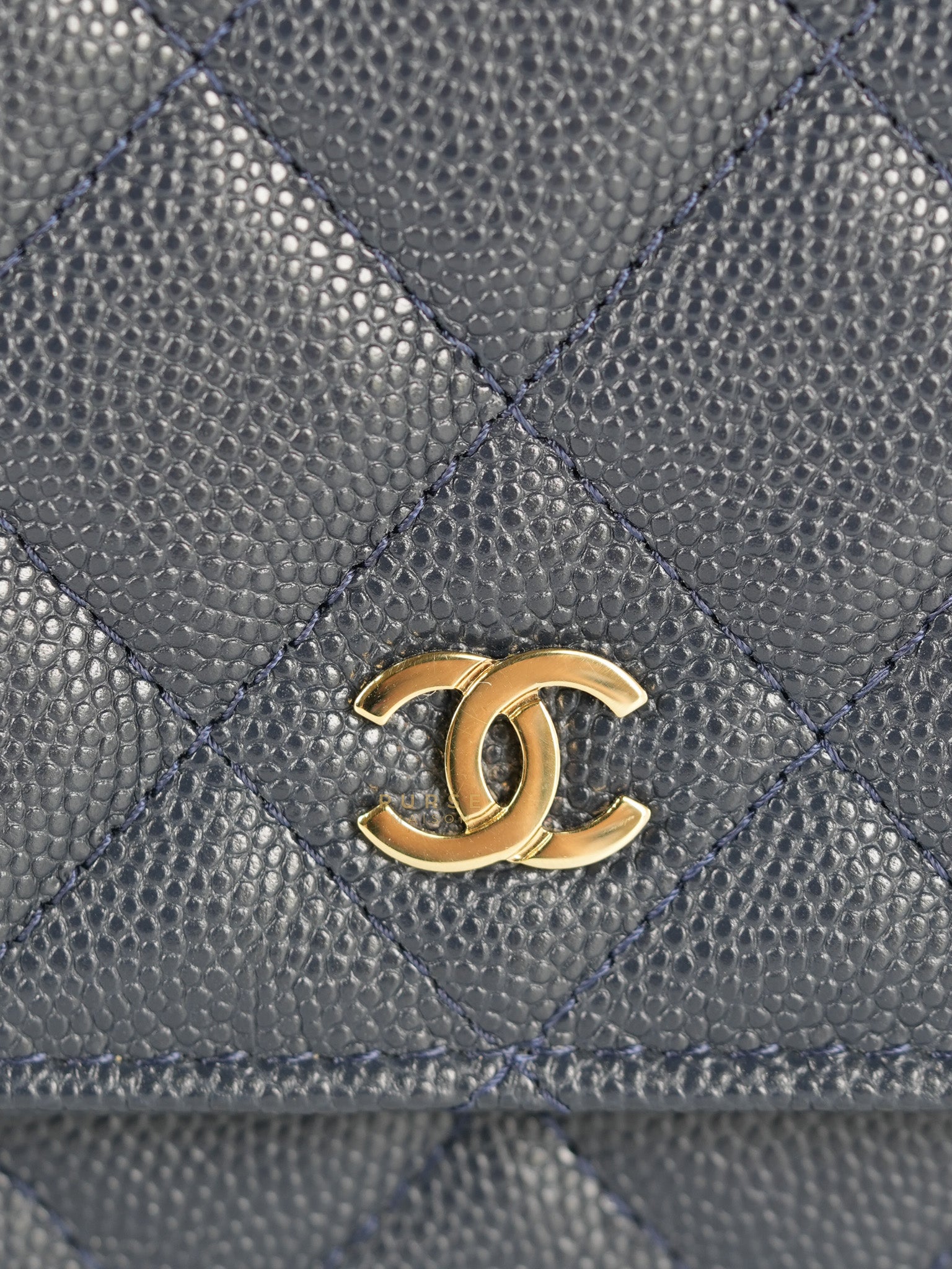 Wallet on Chain in Navy Blue Quilted Caviar Leather & Light Gold Hardware(Series 26) | Purse Maison Luxury Bags Shop