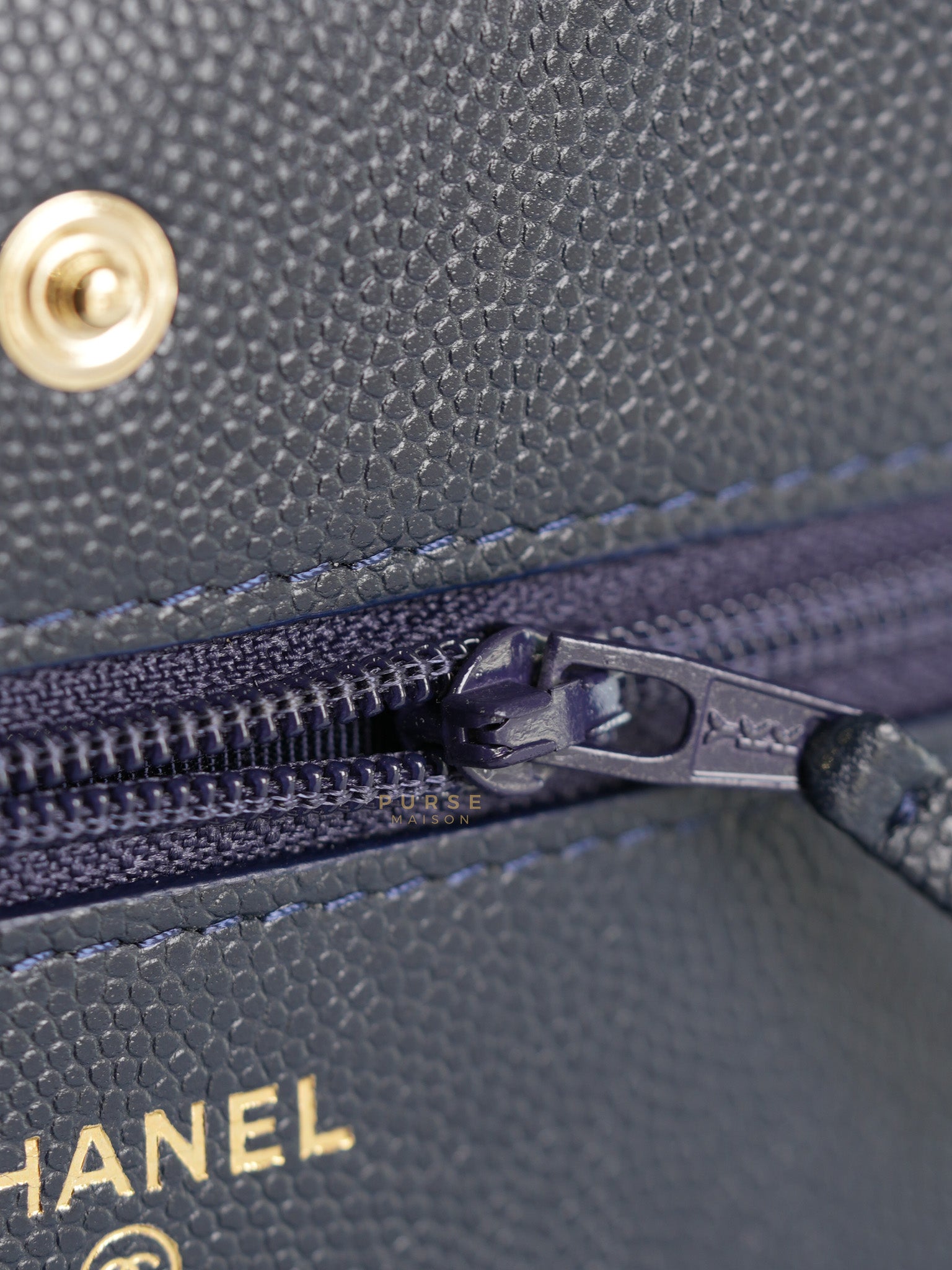 Wallet on Chain in Navy Blue Quilted Caviar Leather & Light Gold Hardware(Series 26) | Purse Maison Luxury Bags Shop