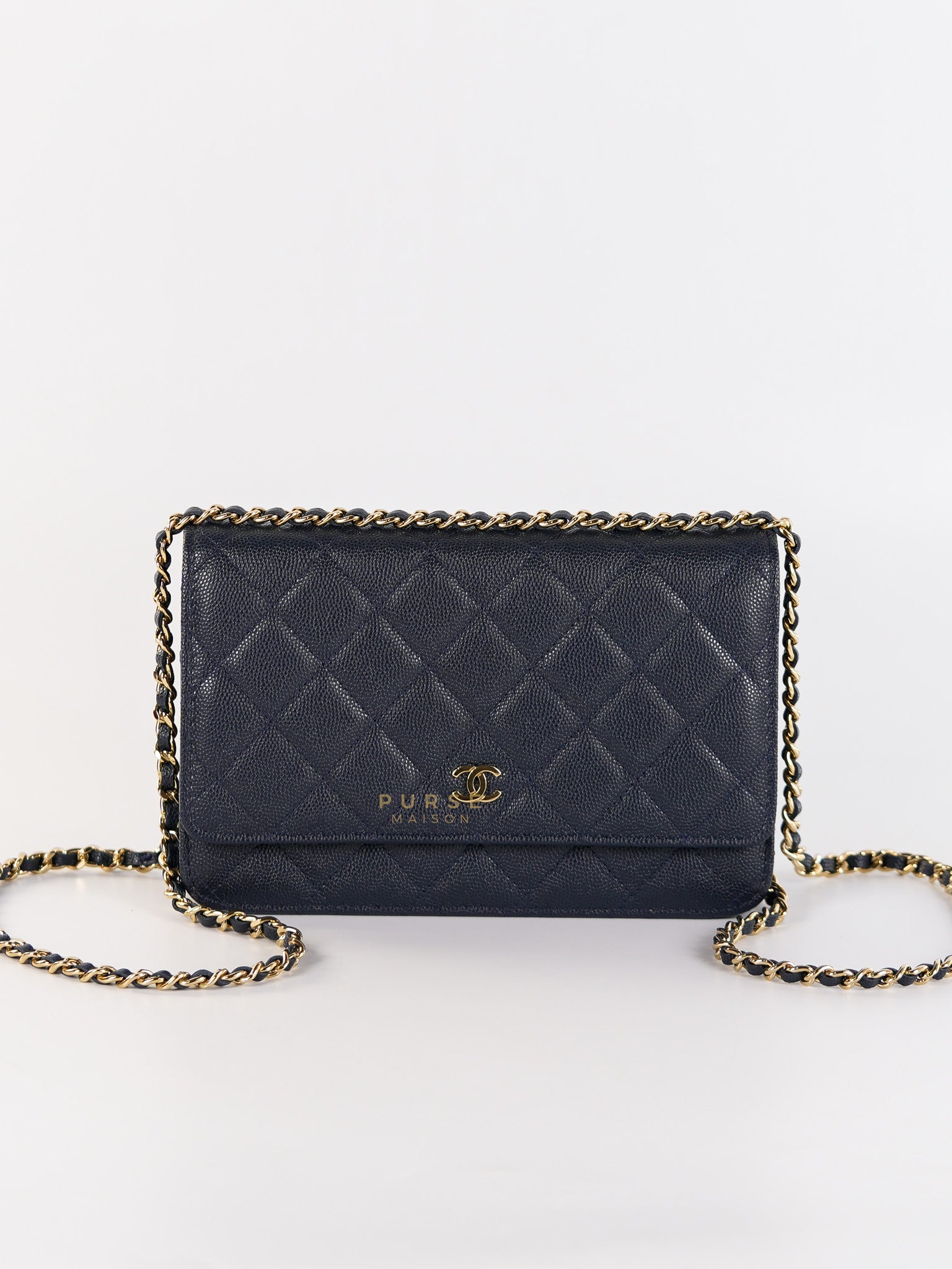 Wallet on Chain in Navy Blue Quilted Caviar Leather & Light Gold Hardware(Series 26) | Purse Maison Luxury Bags Shop