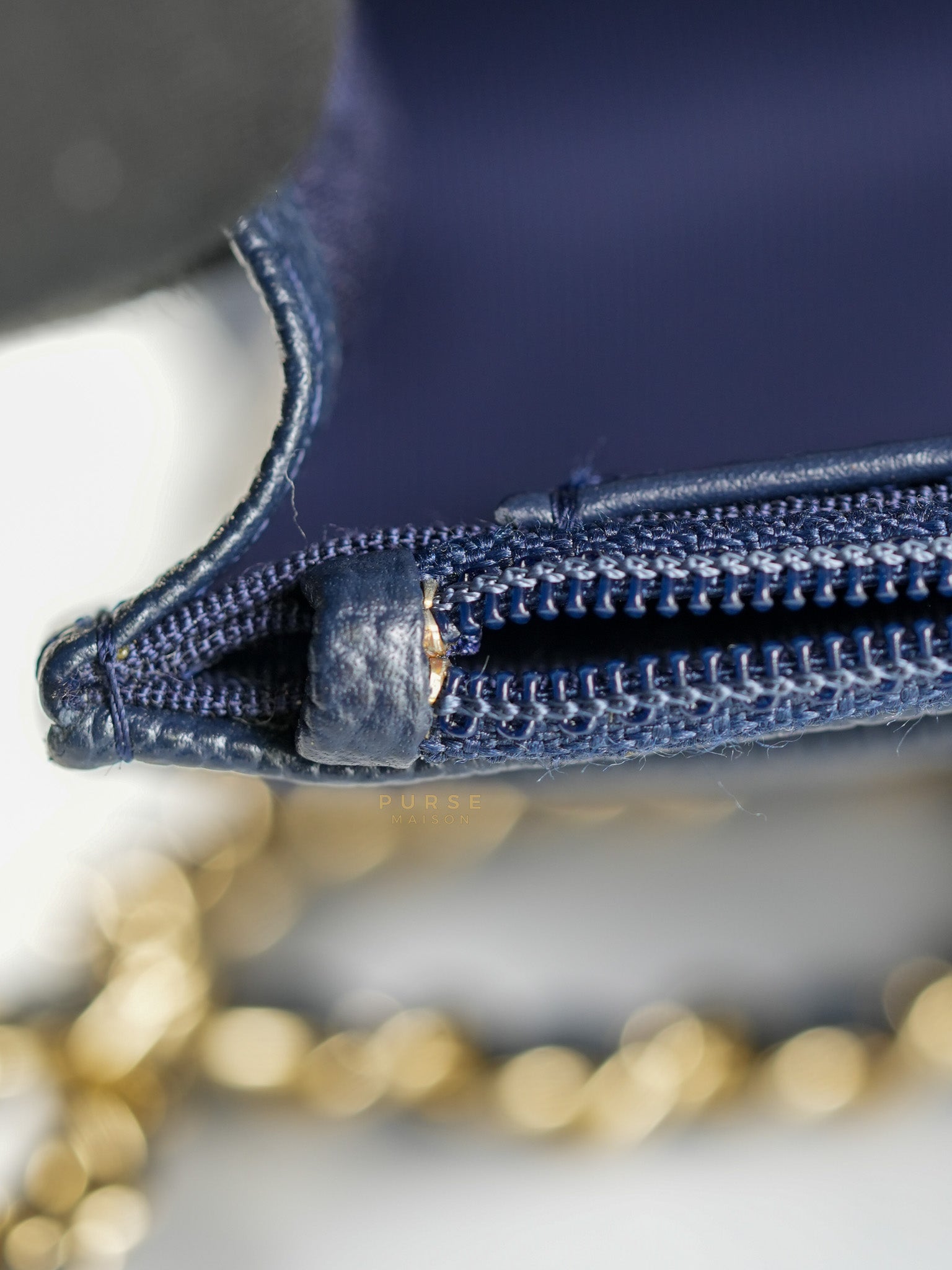 Wallet on Chain in Navy Blue Quilted Caviar Leather & Light Gold Hardware(Series 26) | Purse Maison Luxury Bags Shop