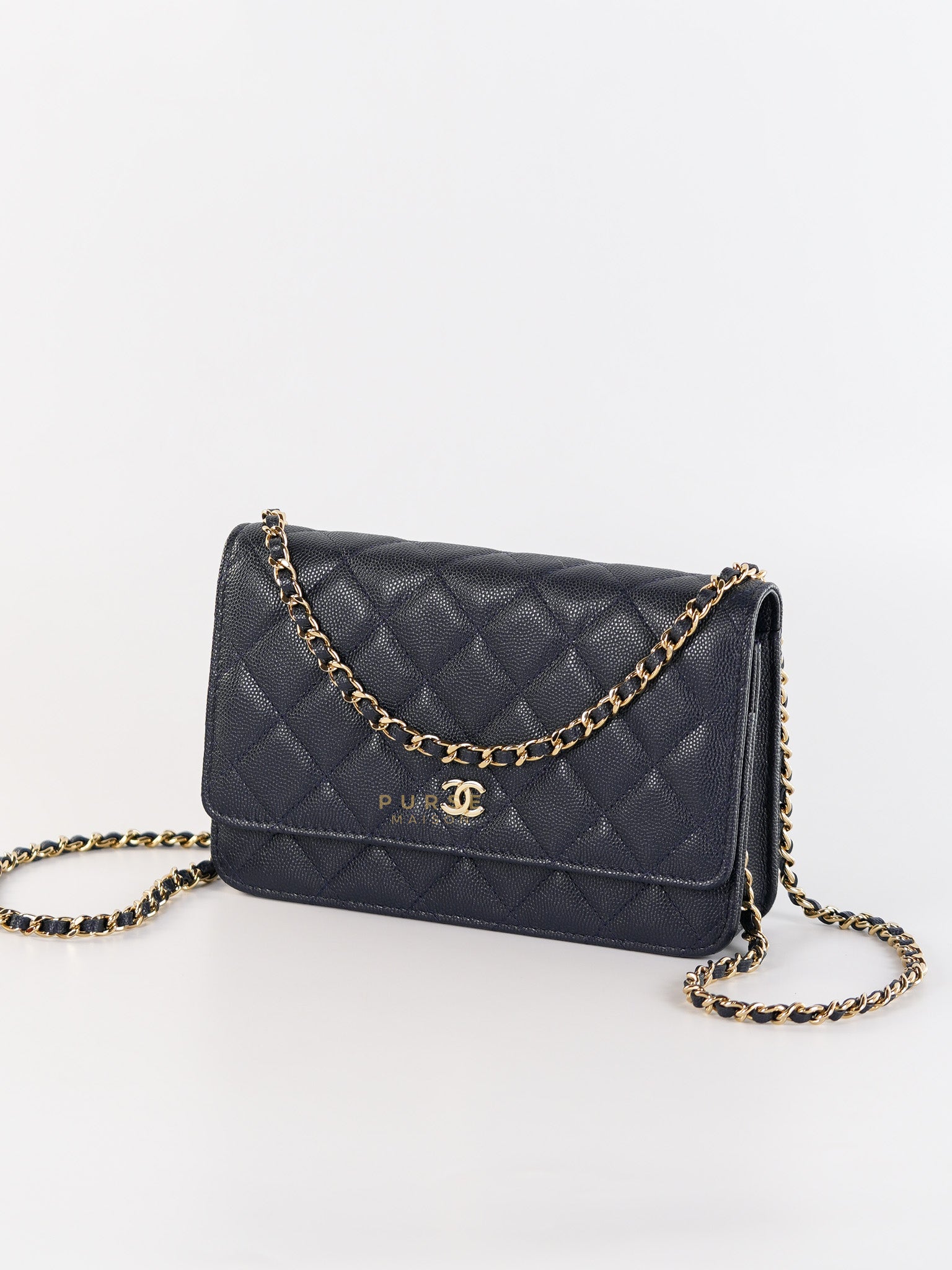 Wallet on Chain in Navy Blue Quilted Caviar Leather & Light Gold Hardware(Series 26) | Purse Maison Luxury Bags Shop
